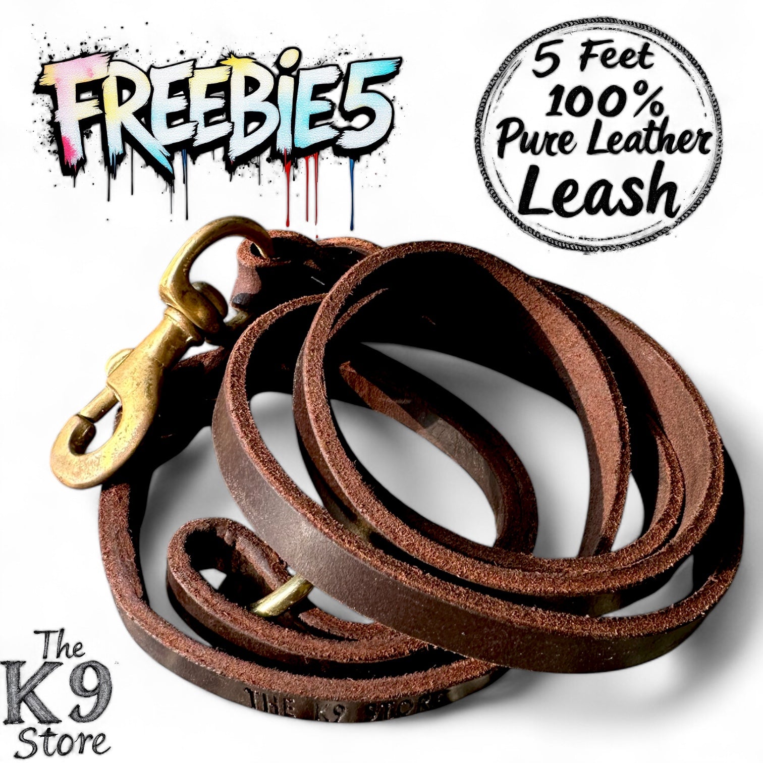 The K9 Store Premium Leather Single Handle Freebie Dog Leash, 5 Feet Long With Brass Hooks For All Dog Breeds