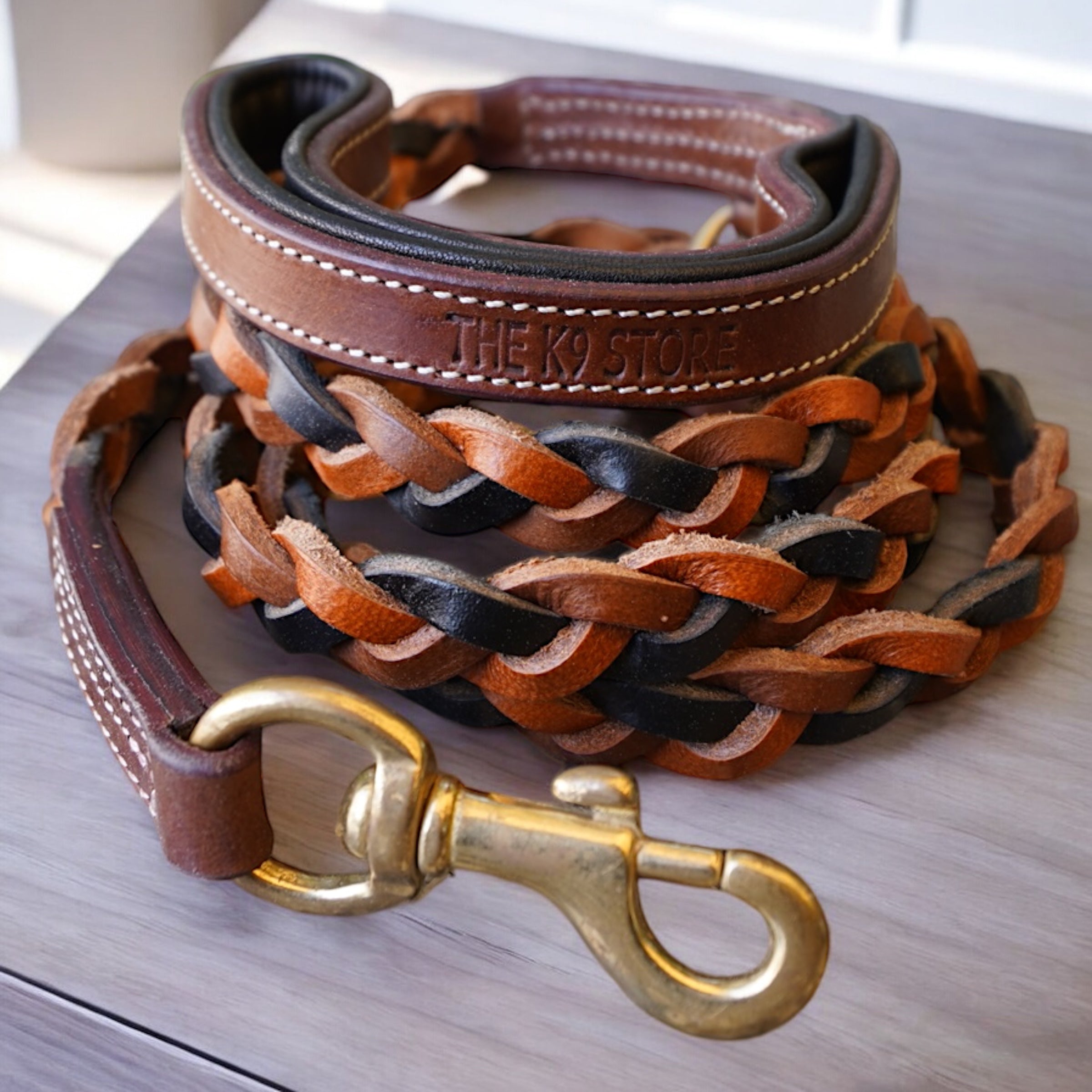 The K9 Store Premium Leather Braided Dog Leash, 5 Feet Long With Brass Hooks In Tricolor (Tan, Chocolate & Black) For All Dog Breeds