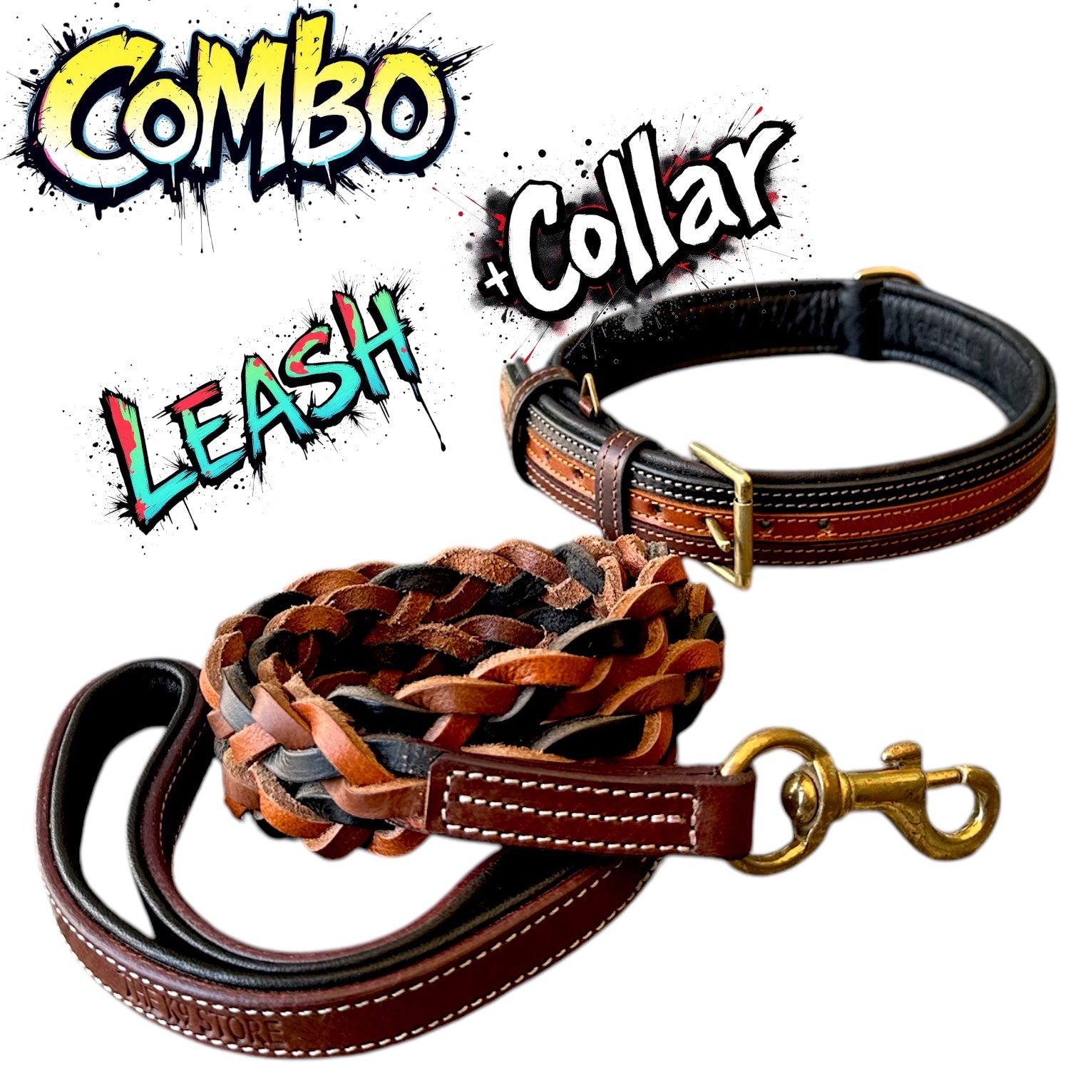 The K9 Store Leather Dog Collar with Leather Leash in Combo Tan & Brown for All Breeds -  Large, Medium, and Giant Breeds in Combo Offer ( Leash with Large & XL Collar )