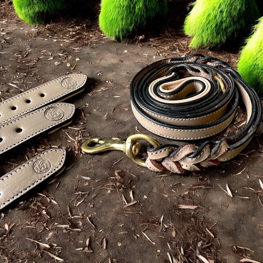 THE K9 STORE – Grey Leather Collar + Matching 6FT Double-Handle Leash (Combo Set)