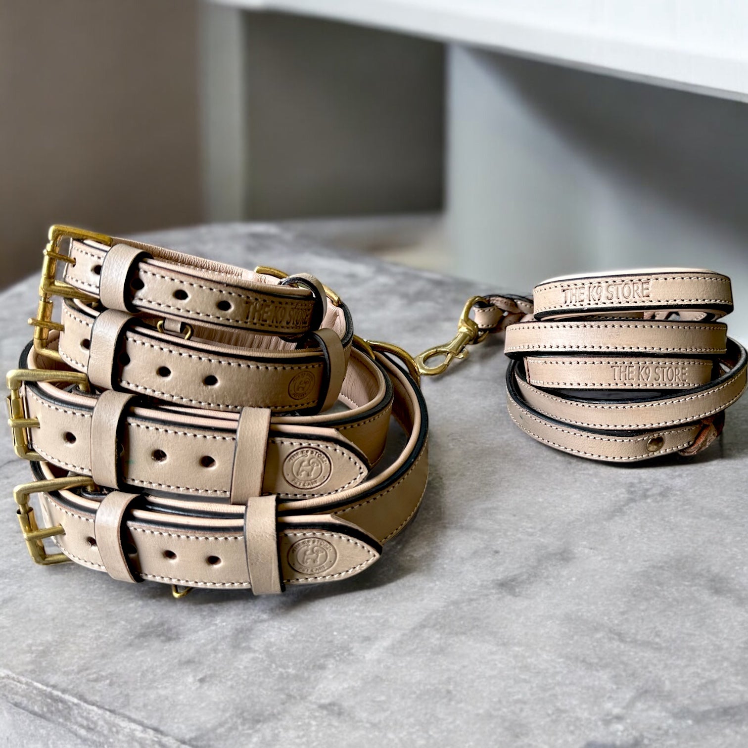 THE K9 STORE – Grey Leather Collar + Matching 6FT Double-Handle Leash (Combo Set)