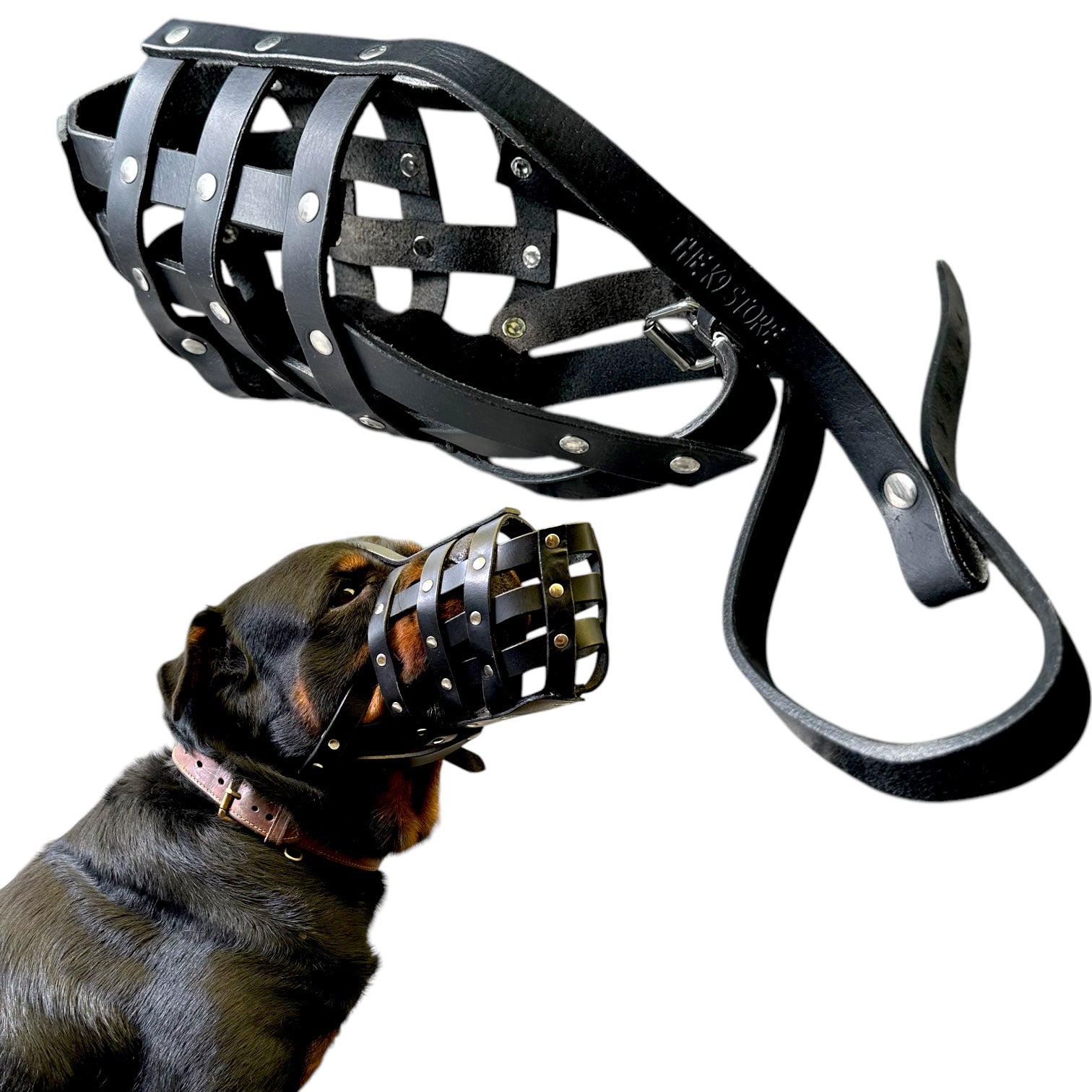 The K9 Store Caged & Studded Leather Dog Muzzle – Highly Breathable, Handcrafted for Large To X Large Breeds, Secure & Ventilated Anti-Bite Design
