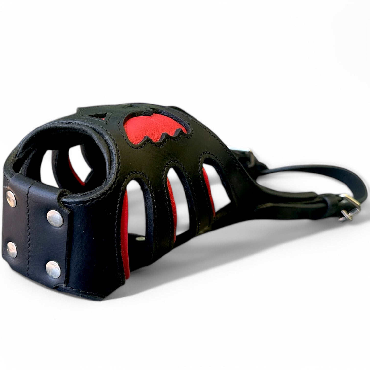 The K9 Store Red-Lined, Black Armored Leather Dog Muzzle – Stylish, Strong & Breathable for Large To X-Large Breeds