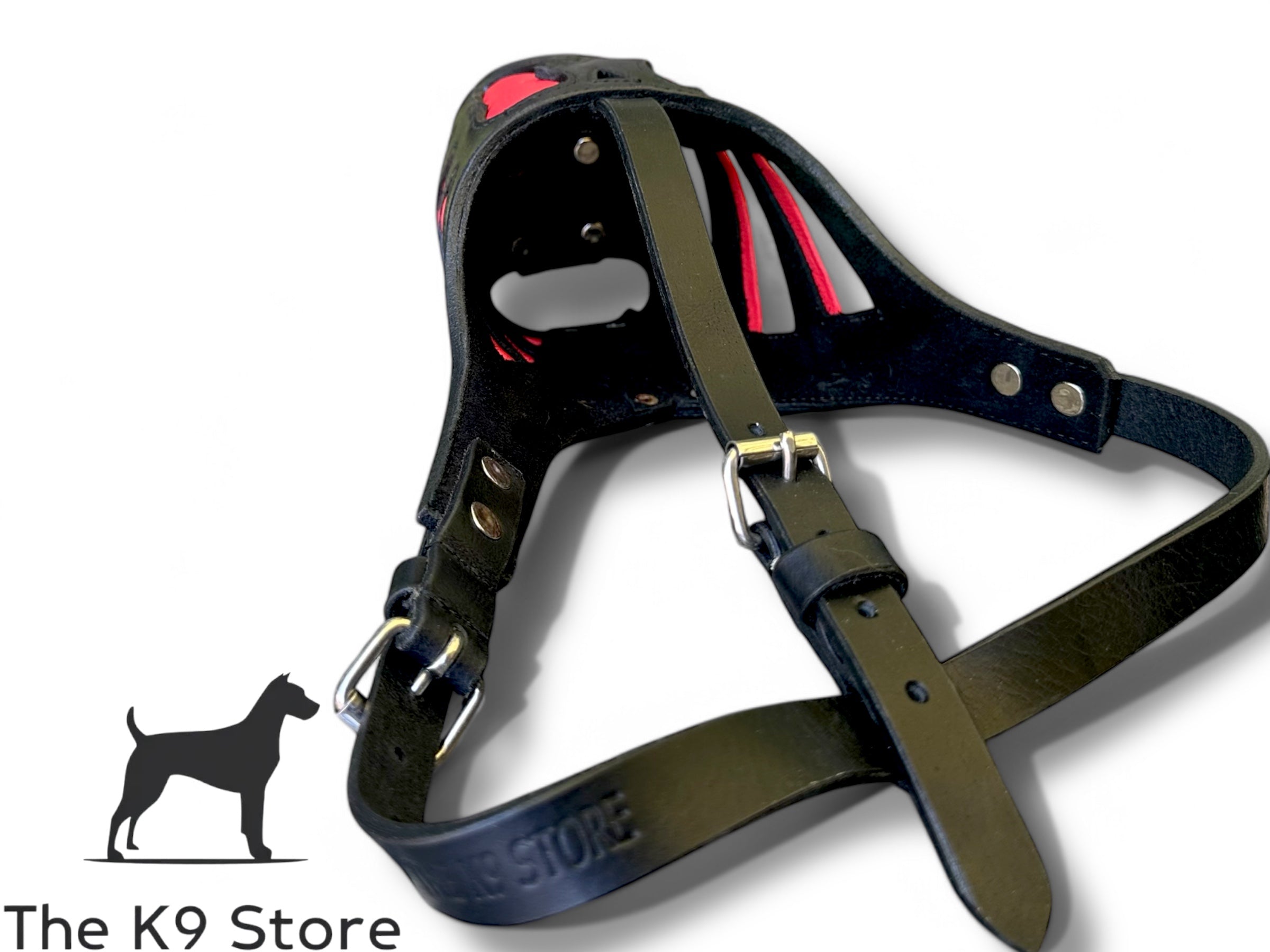 The K9 Store Red-Lined, Black Armored Leather Dog Muzzle – Stylish, Strong & Breathable for Large To X-Large Breeds