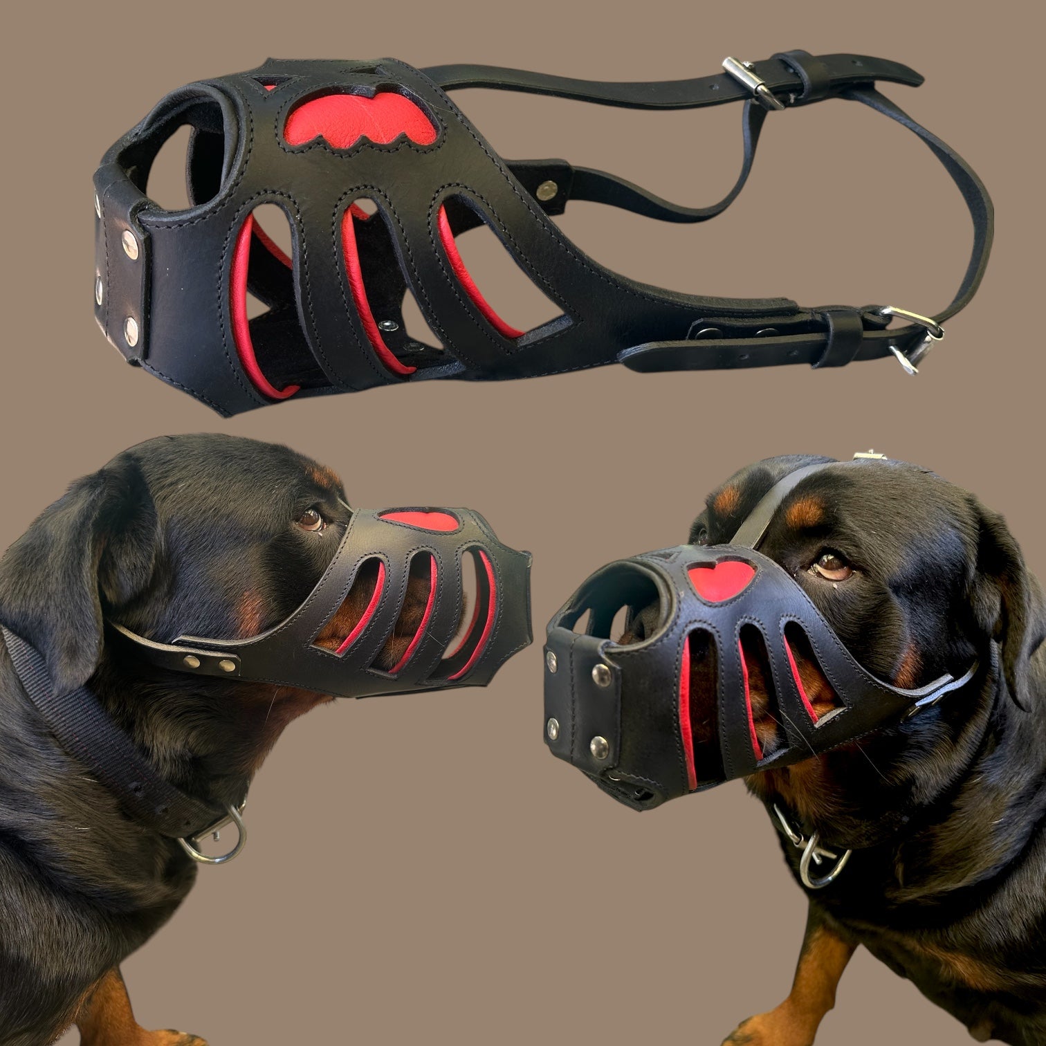 The K9 Store Red-Lined, Black Armored Leather Dog Muzzle – Stylish, Strong & Breathable for Large To X-Large Breeds