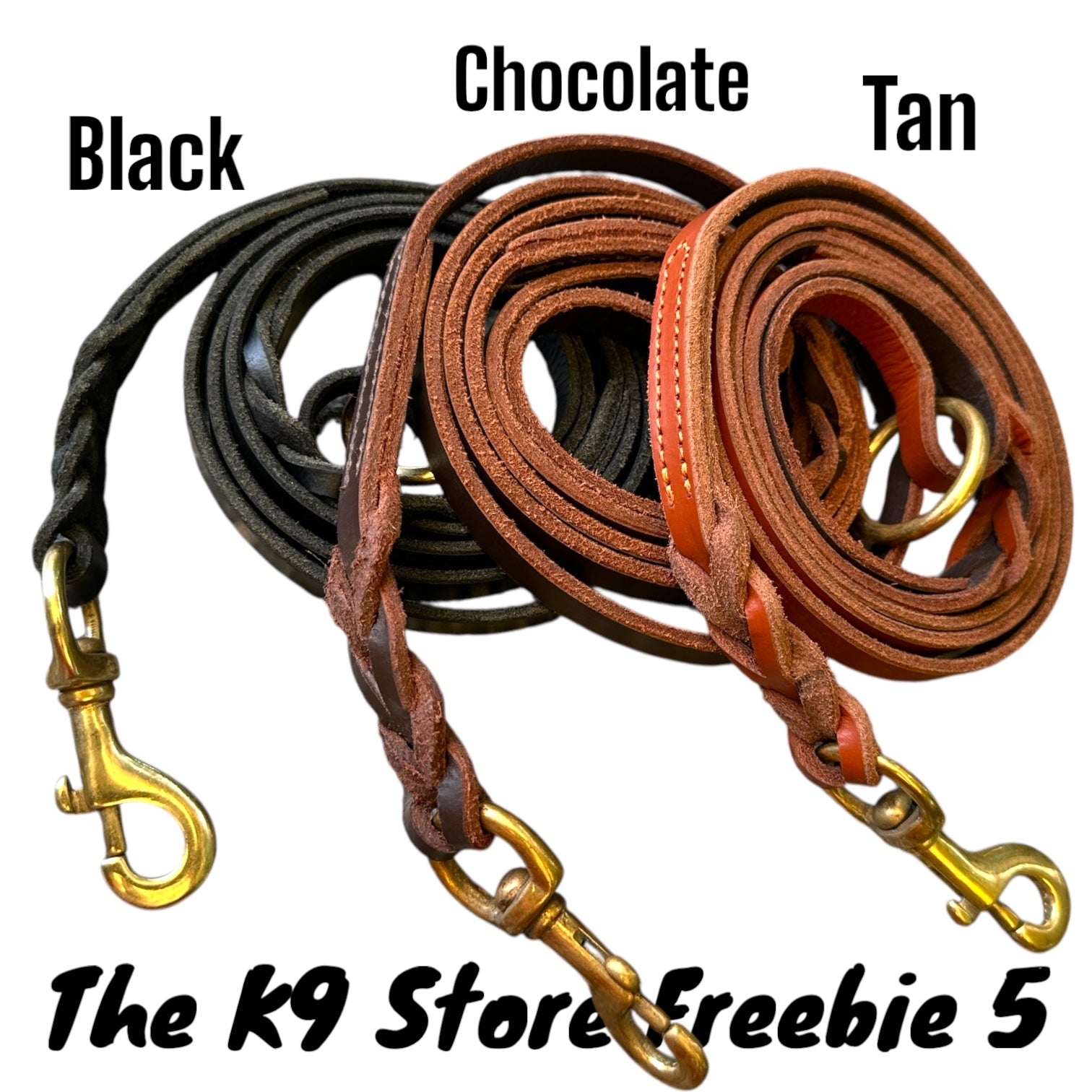 The K9 Store Premium Leather Single Handle Freebie Dog Leash, 5 Feet Long With Brass Hooks For All Dog Breeds