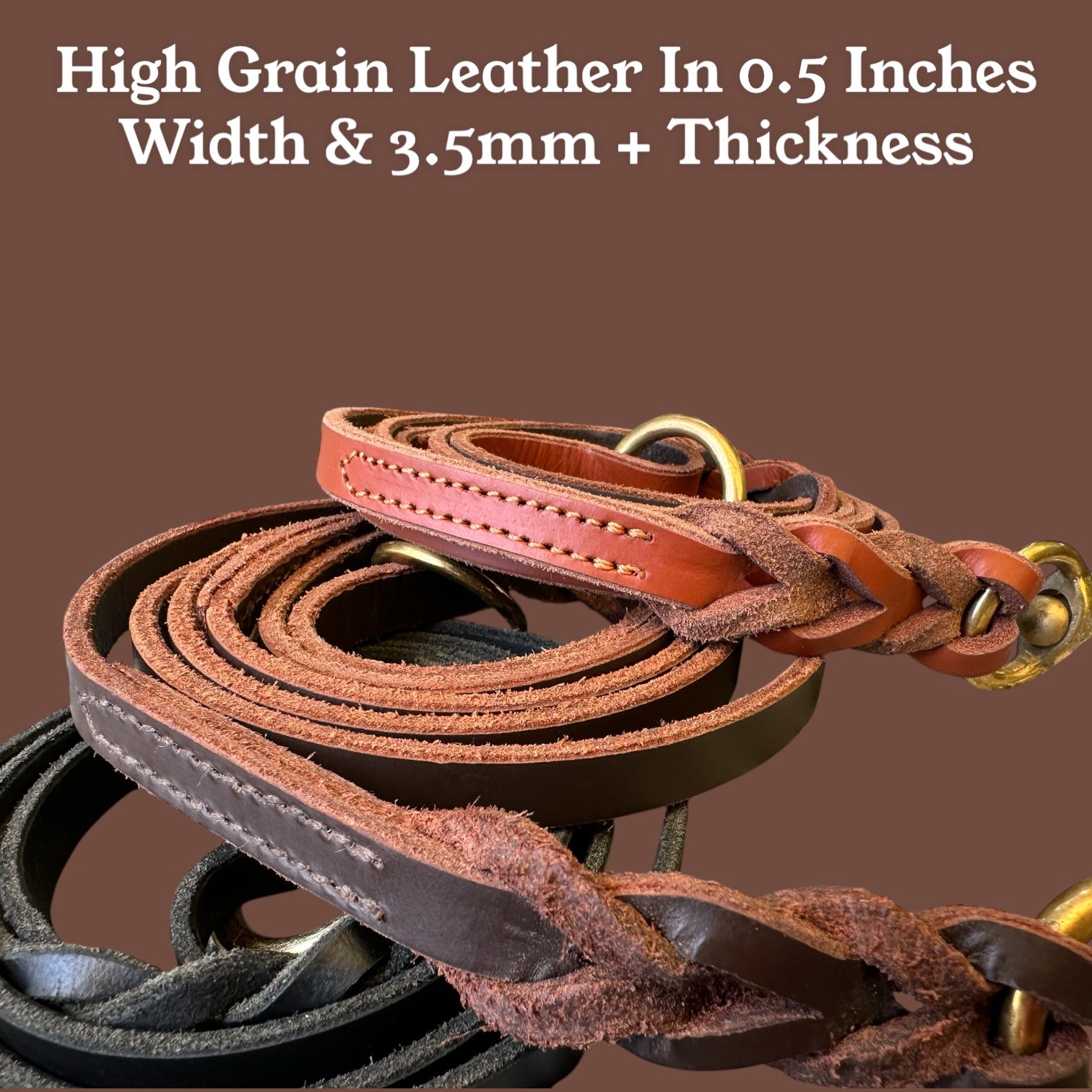 The K9 Store Premium Leather Single Handle Freebie Dog Leash, 5 Feet Long With Brass Hooks For All Dog Breeds