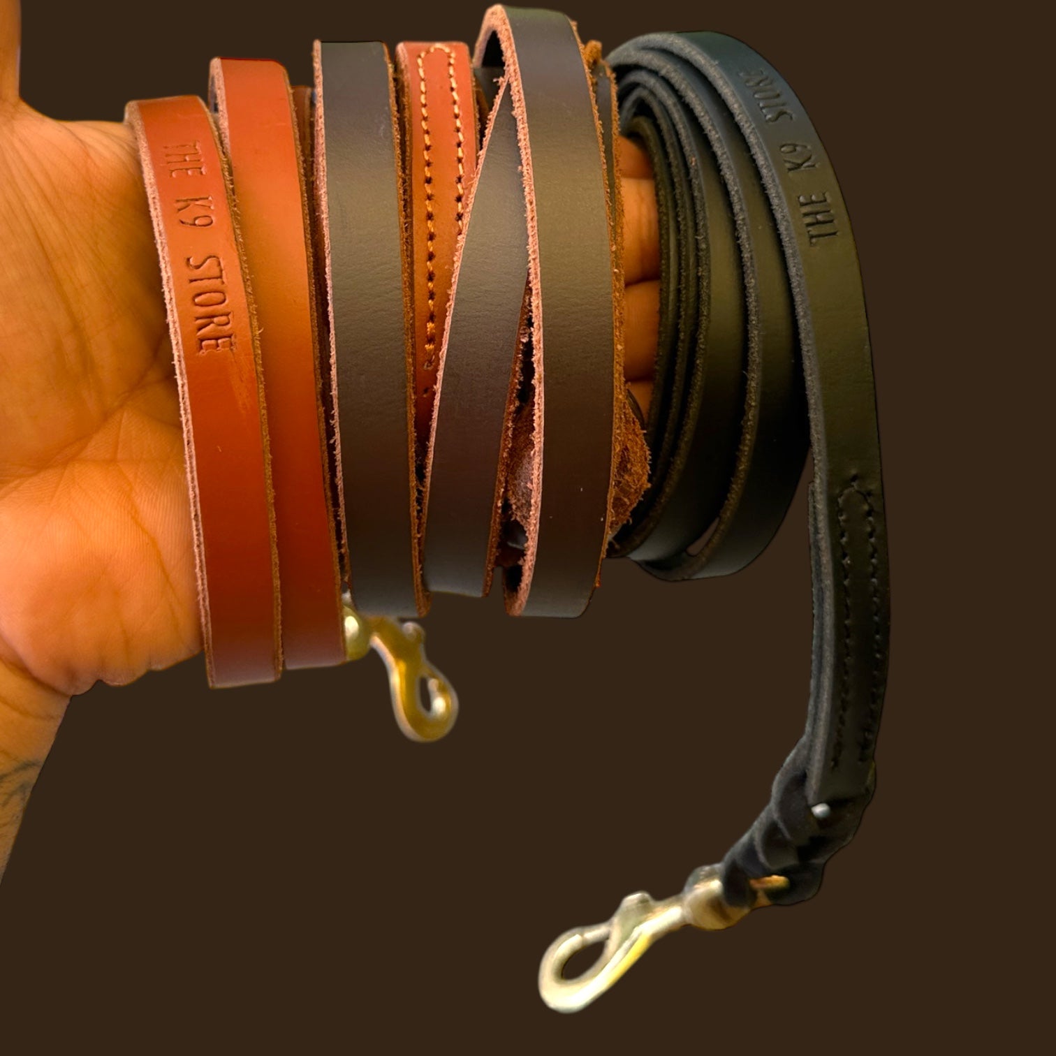 The K9 Store Premium Leather Single Handle Freebie Dog Leash, 5 Feet Long With Brass Hooks For All Dog Breeds