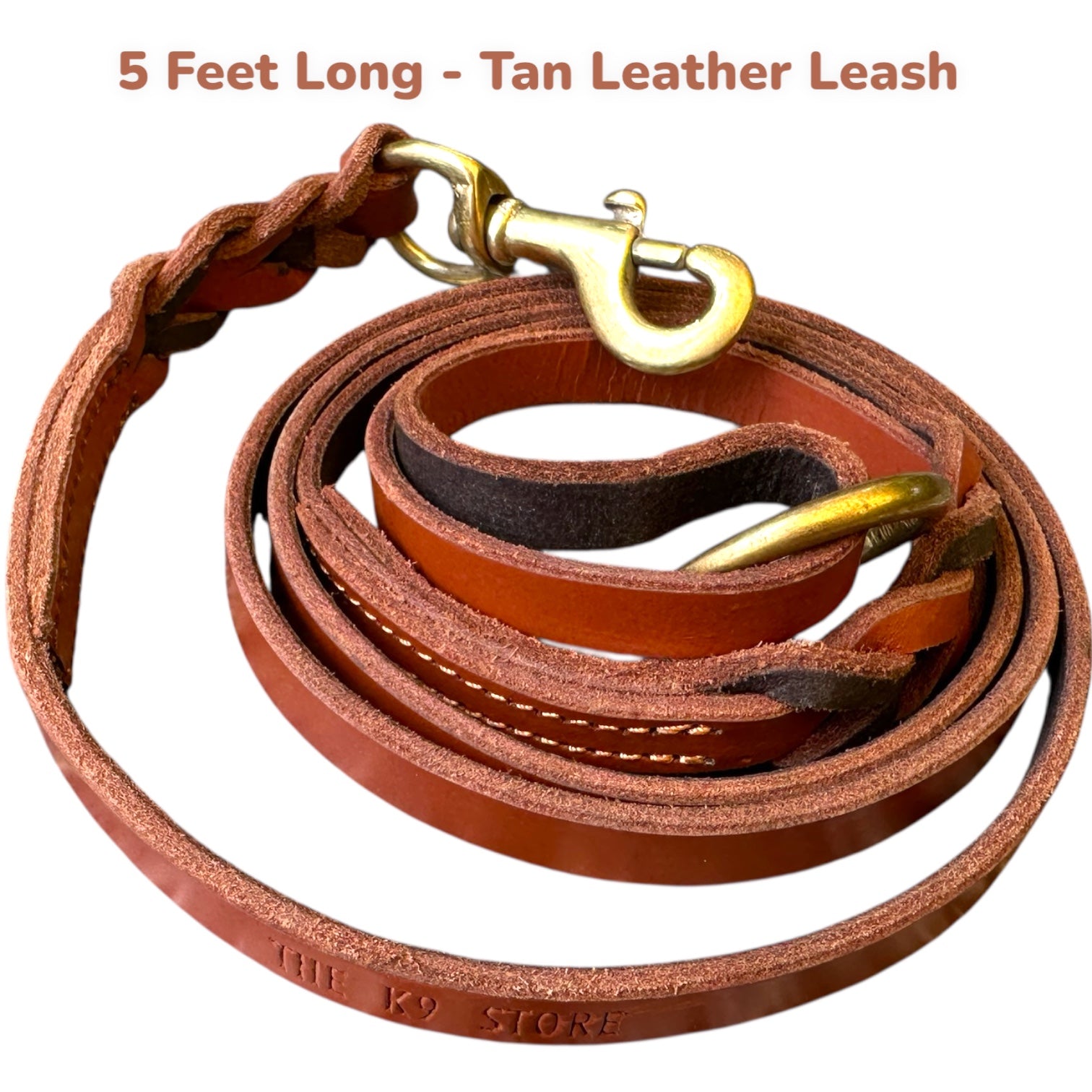 The K9 Store Premium Leather Single Handle Freebie Dog Leash, 5 Feet Long With Brass Hooks For All Dog Breeds