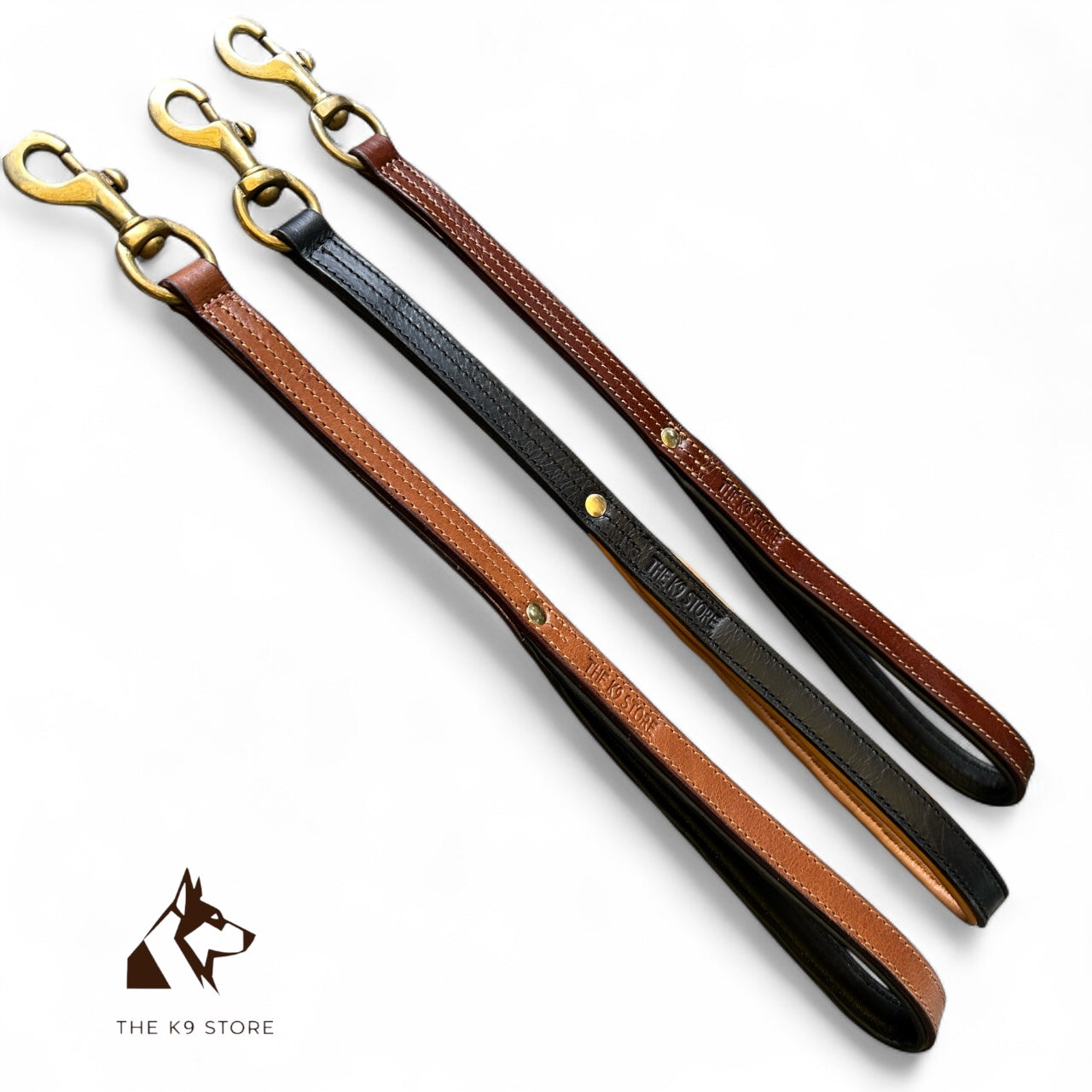 THE K9 STORE Premium 100% Genuine Leather Short Handle for Dogs | Handcrafted 17 Inch Training Leash with Brass Hook | Cushioned Grip | Heavy Duty | 3-Stitched & Hand-Entangled Designs | Tan, Black, Chocolate