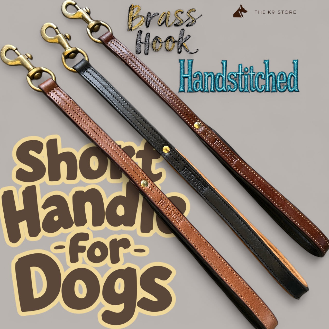 THE K9 STORE Premium 100% Genuine Leather Short Handle for Dogs | Handcrafted 17 Inch Training Leash with Brass Hook | Cushioned Grip | Heavy Duty | 3-Stitched & Hand-Entangled Designs | Tan, Black, Chocolate