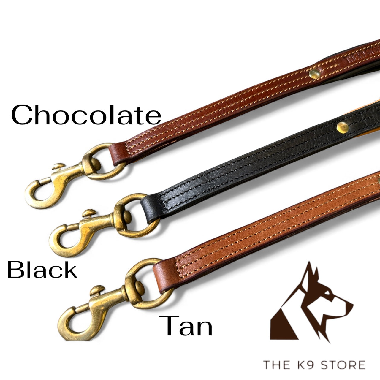 THE K9 STORE Premium 100% Genuine Leather Short Handle for Dogs | Handcrafted 17 Inch Training Leash with Brass Hook | Cushioned Grip | Heavy Duty | 3-Stitched & Hand-Entangled Designs | Tan, Black, Chocolate