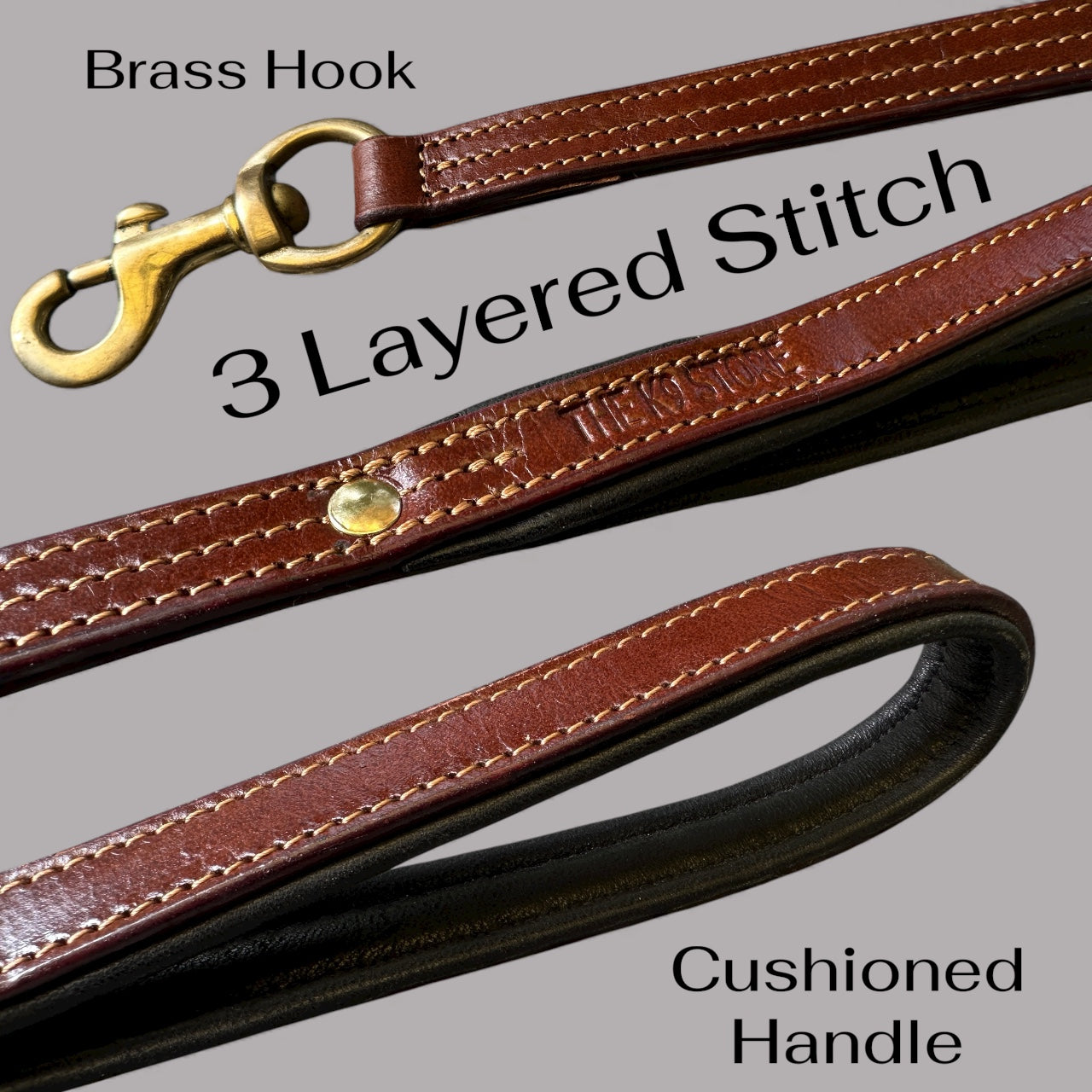 THE K9 STORE Premium 100% Genuine Leather Short Handle for Dogs | Handcrafted 17 Inch Training Leash with Brass Hook | Cushioned Grip | Heavy Duty | 3-Stitched & Hand-Entangled Designs | Tan, Black, Chocolate