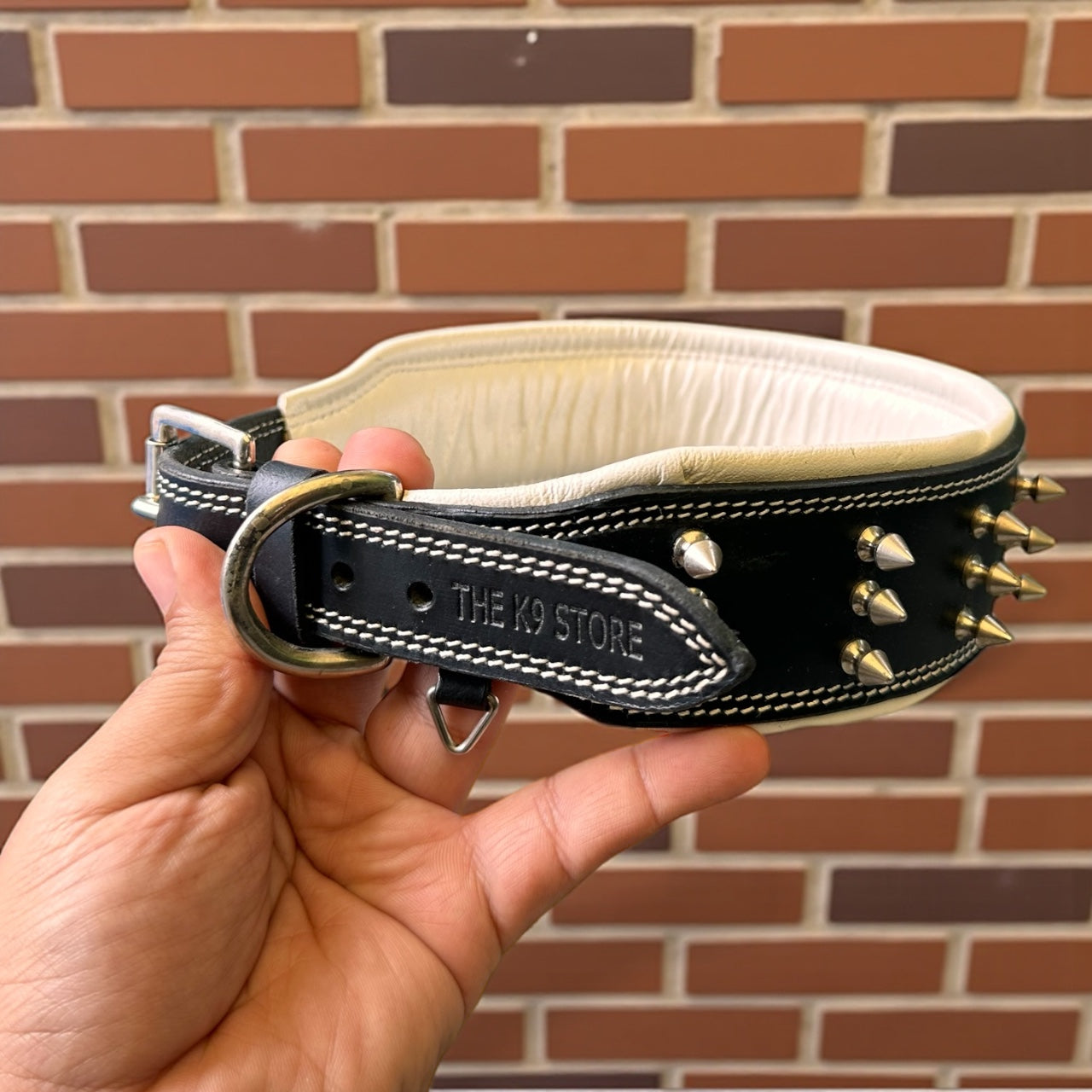 THE K9 STORE Premium Leather Dog Collar with Brass Spikes for Large & XL Dogs | Heavily Padded Cushion | Wide 2.25 Inch Collar for Strong Breeds | Adjustable Neck 18.5–26.5 Inch | Luxury Studded Dog Collar