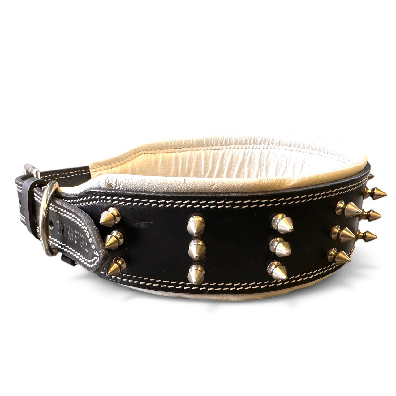THE K9 STORE Premium Leather Dog Collar with Brass Spikes for Large & XL Dogs | Heavily Padded Cushion | Wide 2.25 Inch Collar for Strong Breeds | Adjustable Neck 18.5–26.5 Inch | Luxury Studded Dog Collar