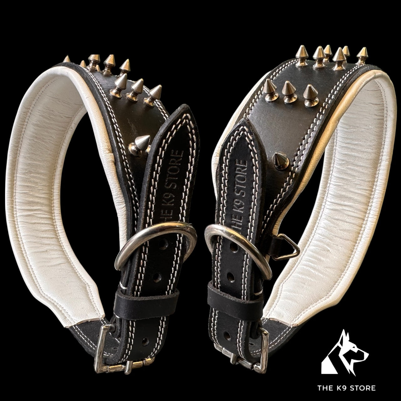 THE K9 STORE Premium Leather Dog Collar with Brass Spikes for Large & XL Dogs | Heavily Padded Cushion | Wide 2.25 Inch Collar for Strong Breeds | Adjustable Neck 18.5–26.5 Inch | Luxury Studded Dog Collar