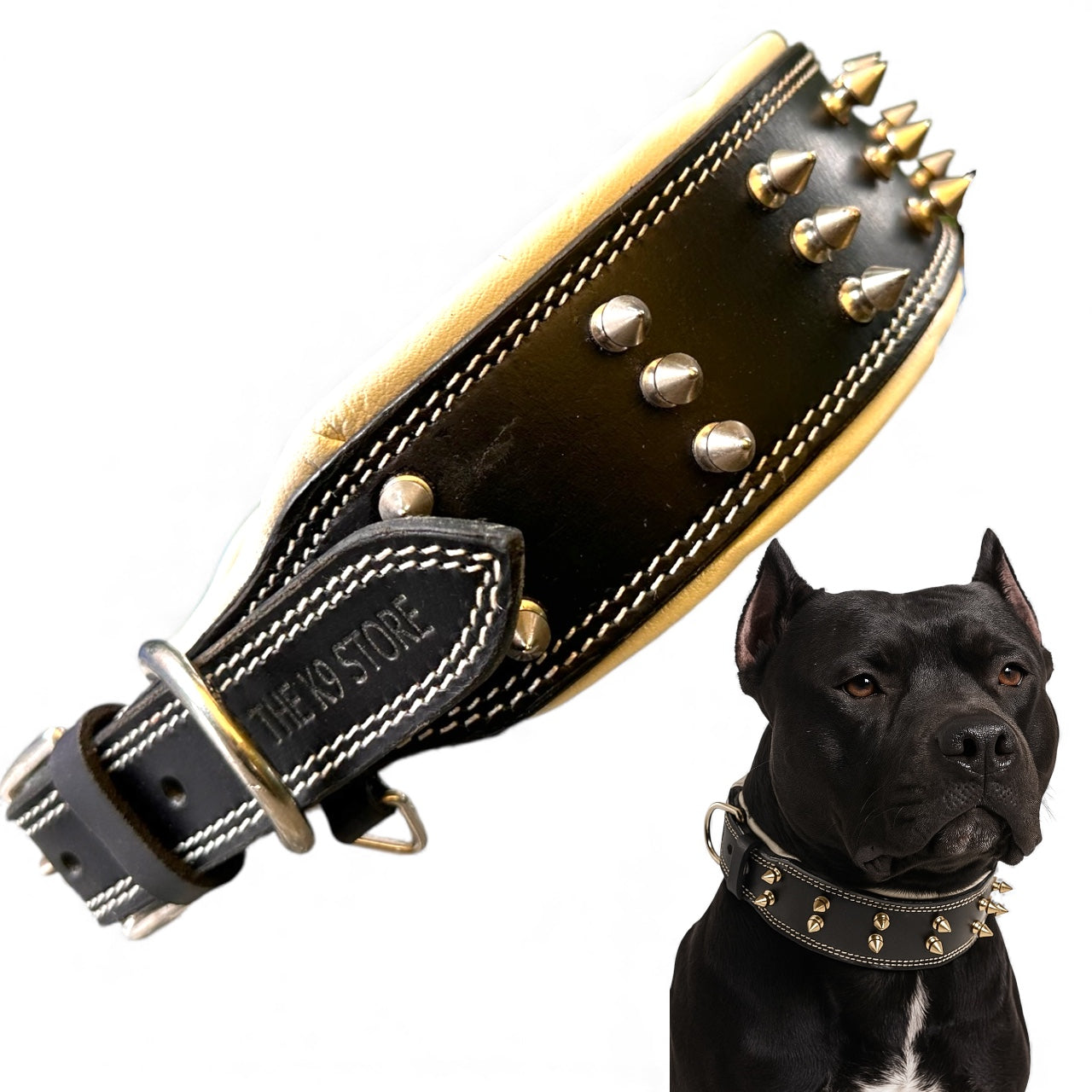 THE K9 STORE Premium Leather Dog Collar with Brass Spikes for Large & XL Dogs | Heavily Padded Cushion | Wide 2.25 Inch Collar for Strong Breeds | Adjustable Neck 18.5–26.5 Inch | Luxury Studded Dog Collar