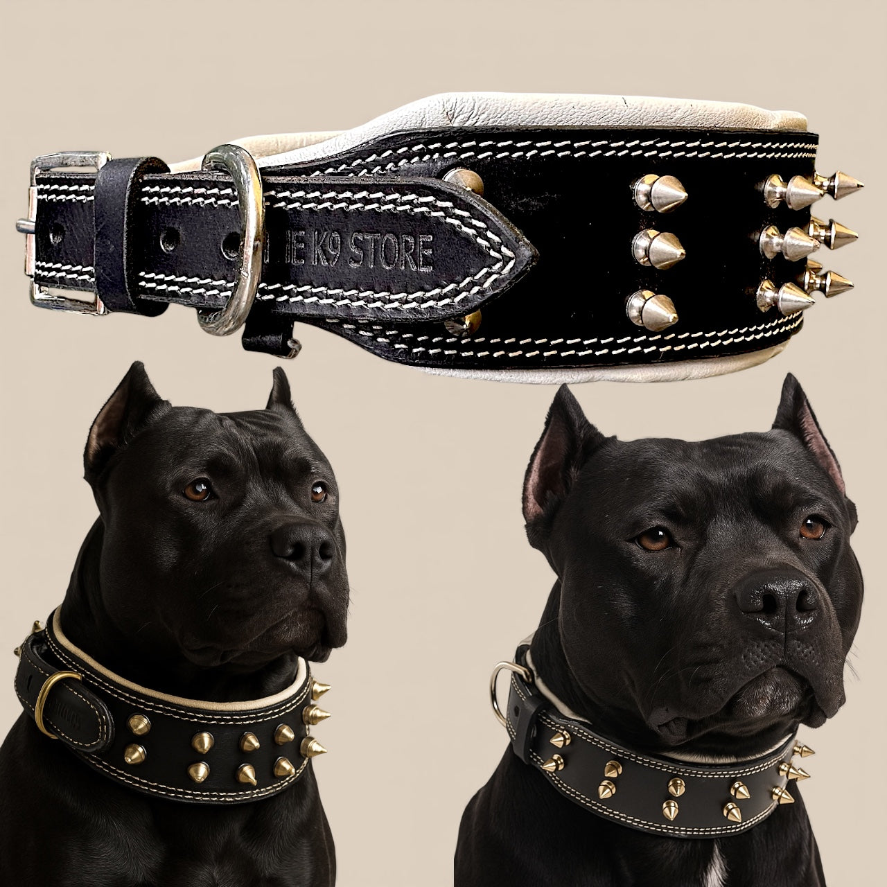 THE K9 STORE Premium Leather Dog Collar with Brass Spikes for Large & XL Dogs | Heavily Padded Cushion | Wide 2.25 Inch Collar for Strong Breeds | Adjustable Neck 18.5–26.5 Inch | Luxury Studded Dog Collar