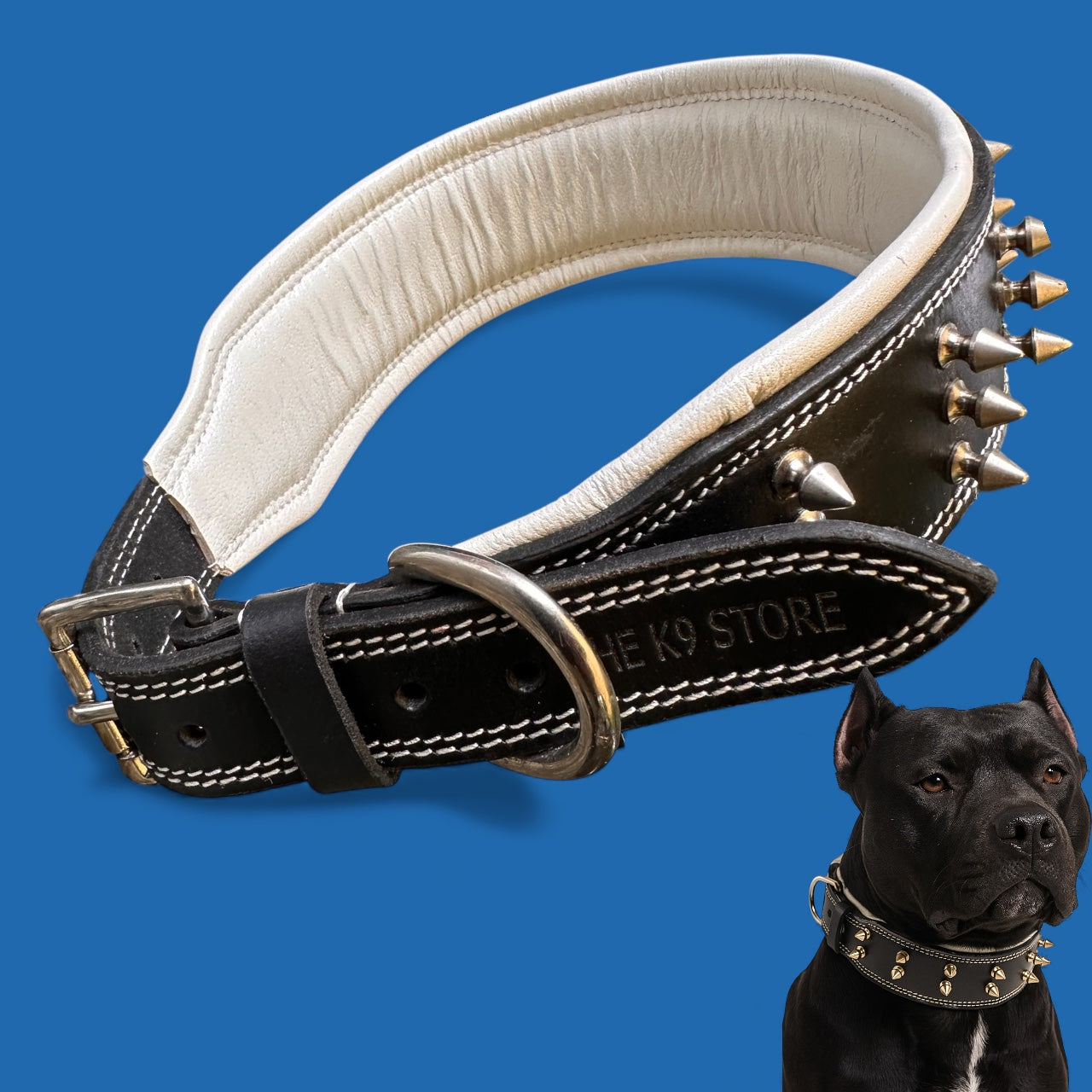 THE K9 STORE Premium Leather Dog Collar with Brass Spikes for Large & XL Dogs | Heavily Padded Cushion | Wide 2.25 Inch Collar for Strong Breeds | Adjustable Neck 18.5–26.5 Inch | Luxury Studded Dog Collar