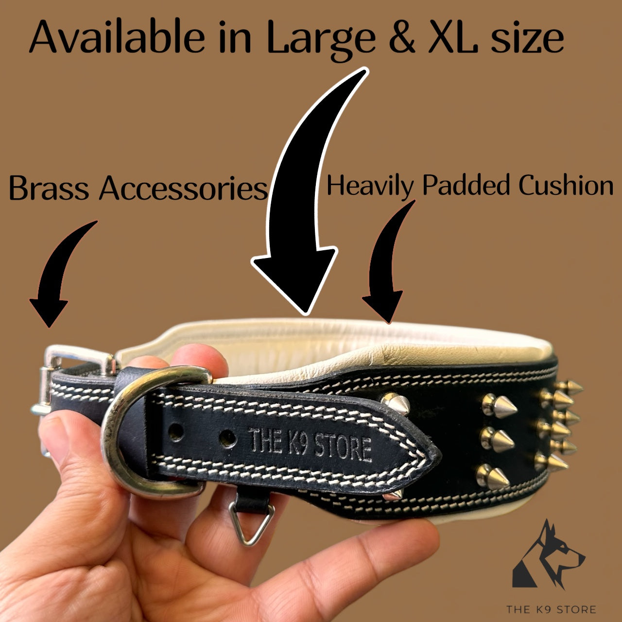 THE K9 STORE Premium Leather Dog Collar with Brass Spikes for Large & XL Dogs | Heavily Padded Cushion | Wide 2.25 Inch Collar for Strong Breeds | Adjustable Neck 18.5–26.5 Inch | Luxury Studded Dog Collar