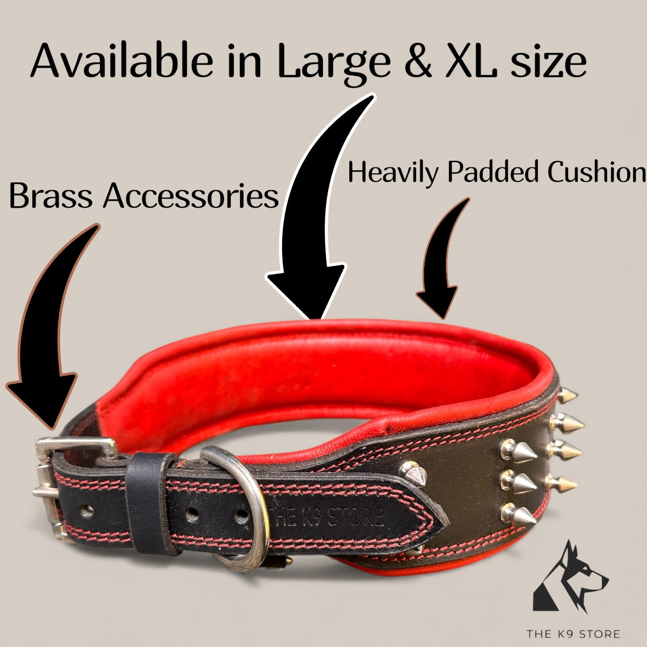 THE K9 STORE Premium Leather Dog Collar with Brass Spikes for Large & XL Dogs | Heavily Padded Cushion | Wide 2.25 Inch Collar for Strong Breeds | Adjustable Neck 18.5–26.5 Inch | Luxury Studded Dog Collar