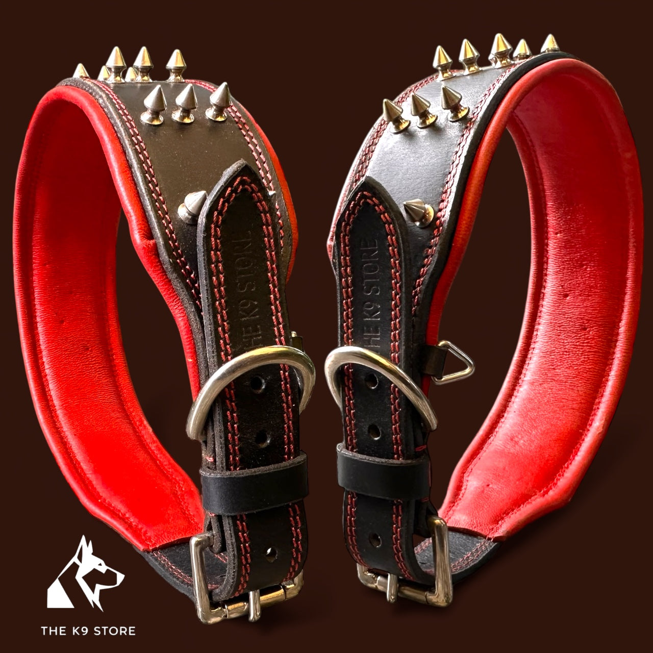 THE K9 STORE Premium Leather Dog Collar with Brass Spikes for Large & XL Dogs | Heavily Padded Cushion | Wide 2.25 Inch Collar for Strong Breeds | Adjustable Neck 18.5–26.5 Inch | Luxury Studded Dog Collar