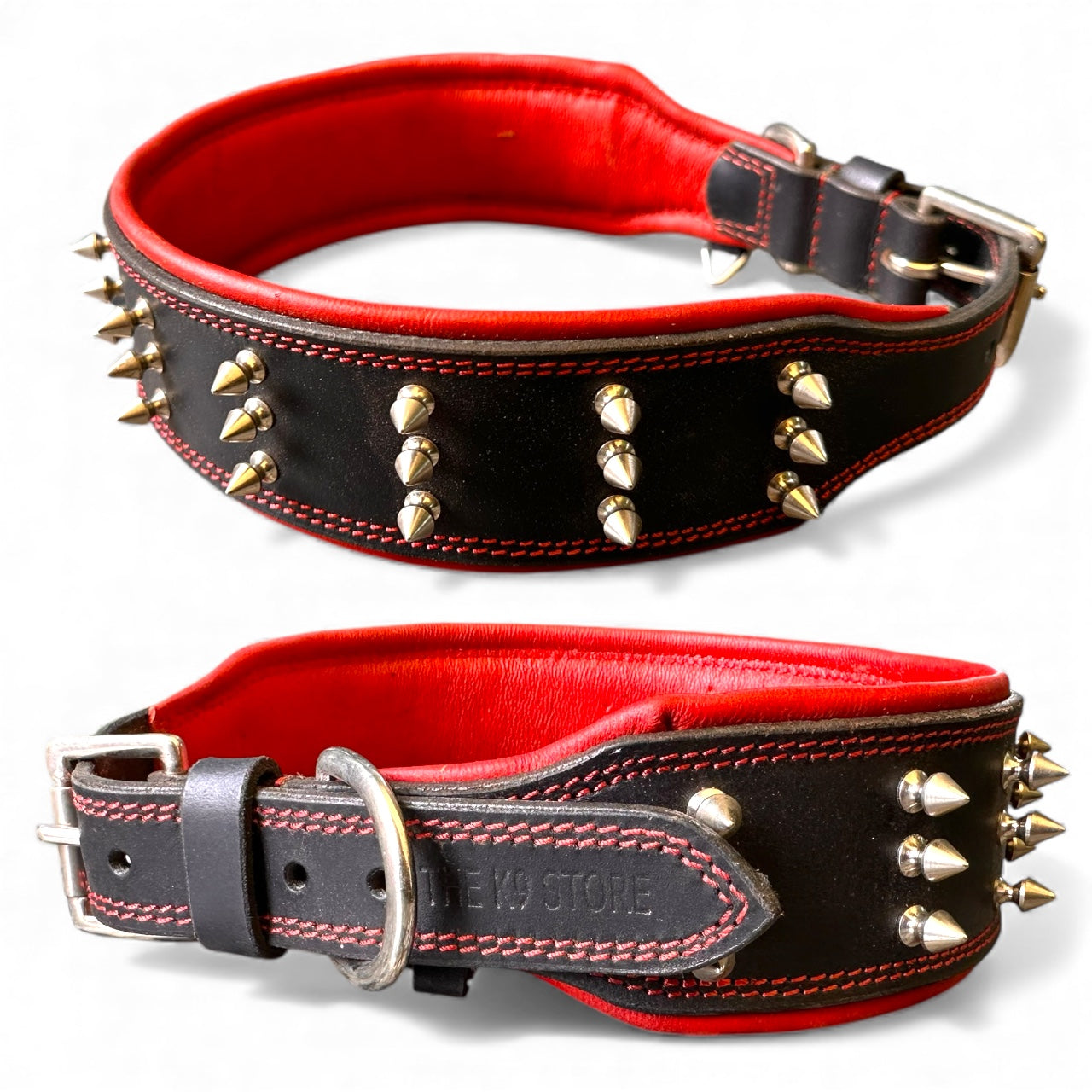 THE K9 STORE Premium Leather Dog Collar with Brass Spikes for Large & XL Dogs | Heavily Padded Cushion | Wide 2.25 Inch Collar for Strong Breeds | Adjustable Neck 18.5–26.5 Inch | Luxury Studded Dog Collar