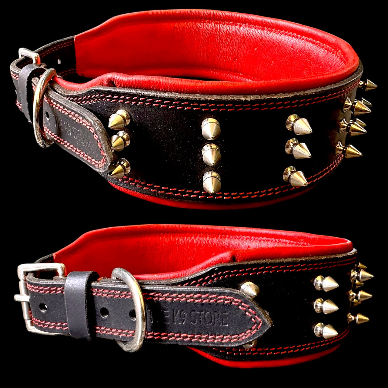 THE K9 STORE Premium Leather Dog Collar with Brass Spikes for Large & XL Dogs | Heavily Padded Cushion | Wide 2.25 Inch Collar for Strong Breeds | Adjustable Neck 18.5–26.5 Inch | Luxury Studded Dog Collar
