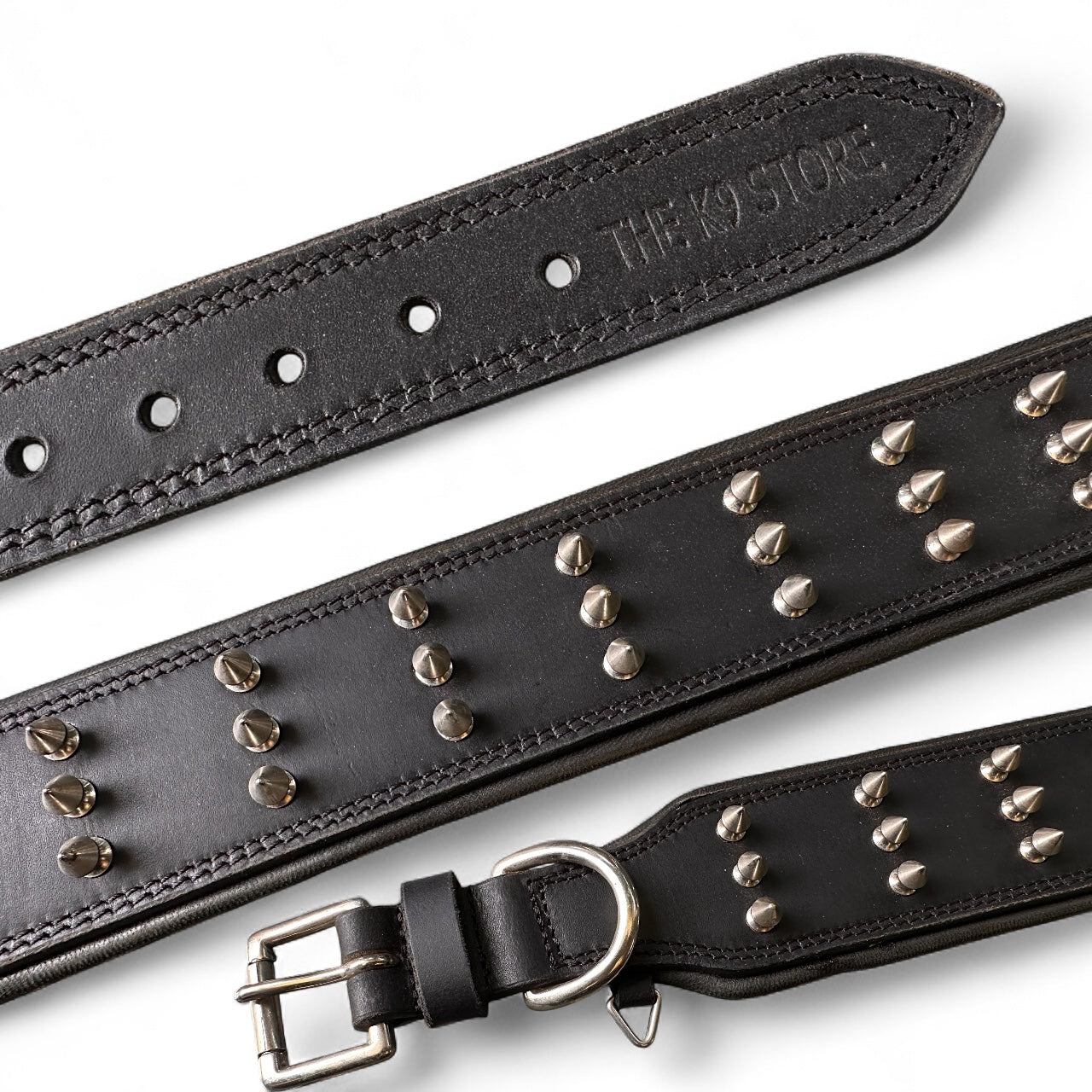 THE K9 STORE Premium Leather Dog Collar with Brass Spikes for Large & XL Dogs | Heavily Padded Cushion | Wide 2.25 Inch Collar for Strong Breeds | Adjustable Neck 18.5–26.5 Inch | Luxury Studded Dog Collar