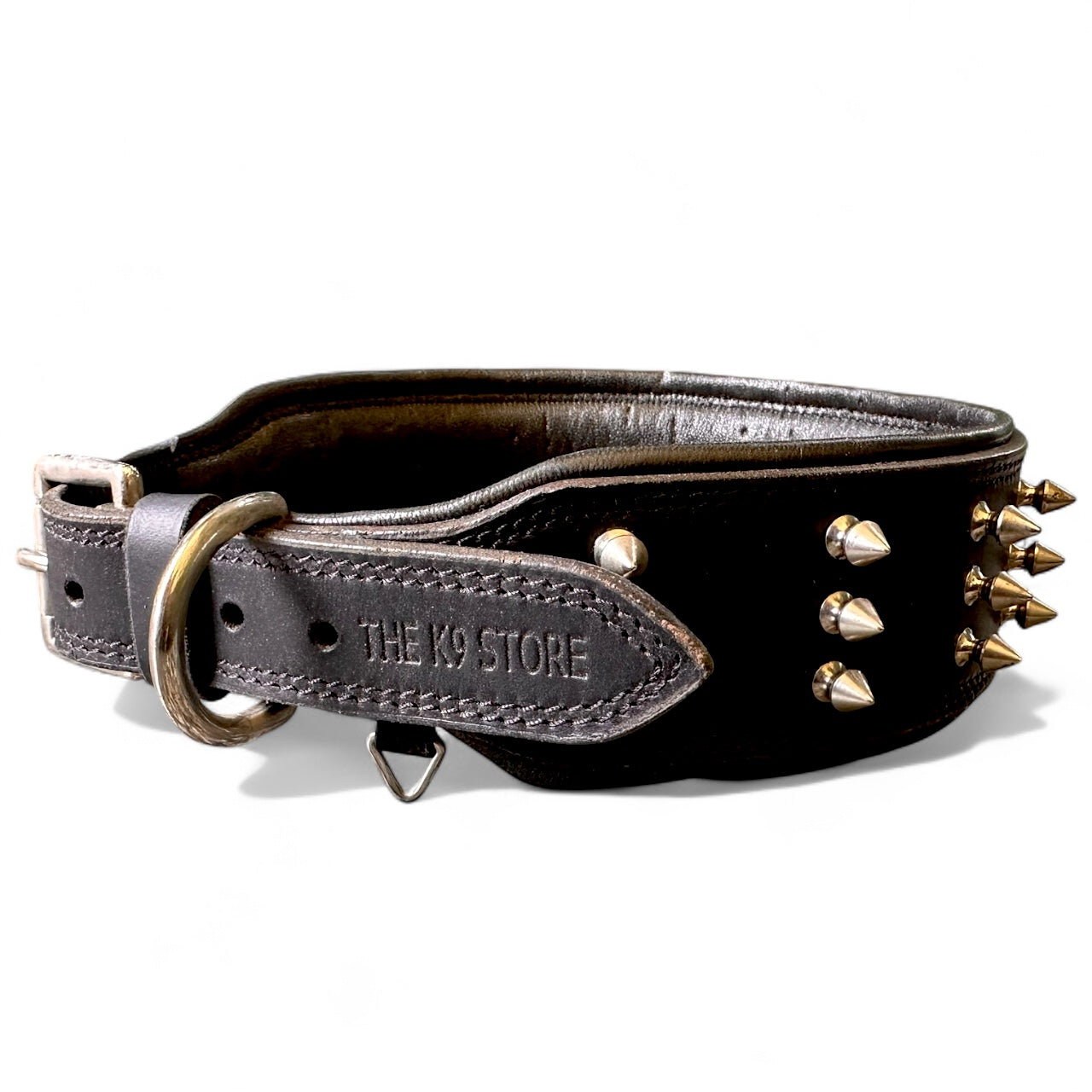 THE K9 STORE Premium Leather Dog Collar with Brass Spikes for Large & XL Dogs | Heavily Padded Cushion | Wide 2.25 Inch Collar for Strong Breeds | Adjustable Neck 18.5–26.5 Inch | Luxury Studded Dog Collar