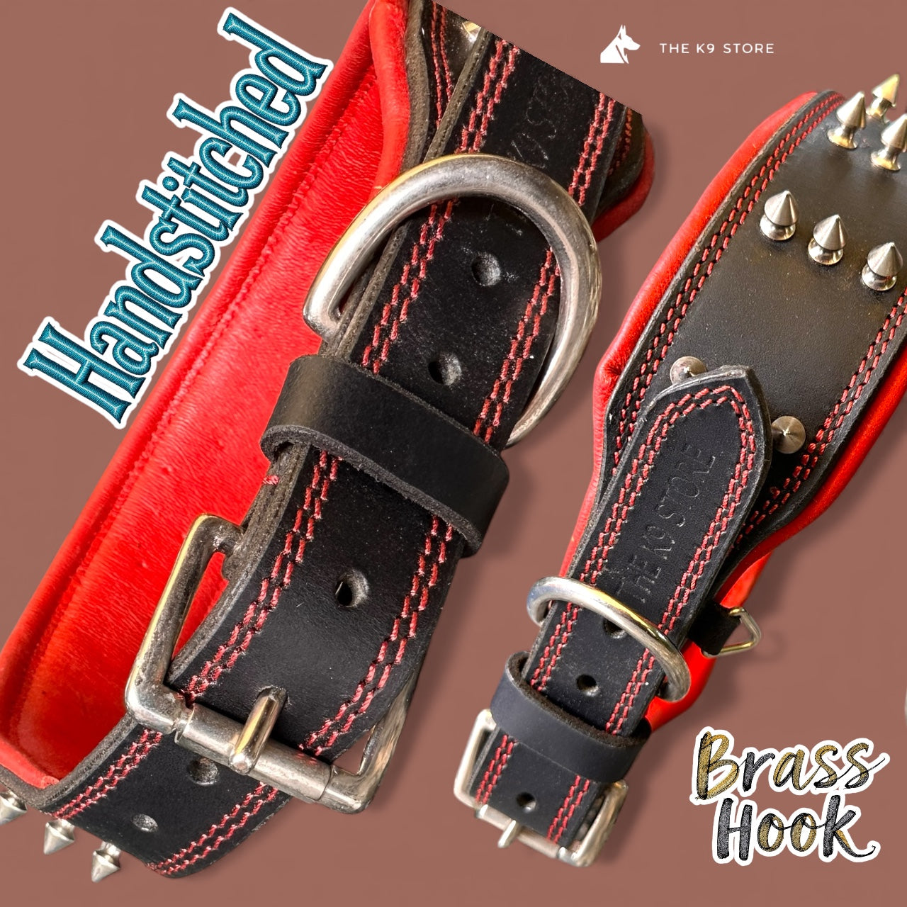 THE K9 STORE Premium Leather Dog Collar with Brass Spikes for Large & XL Dogs | Heavily Padded Cushion | Wide 2.25 Inch Collar for Strong Breeds | Adjustable Neck 18.5–26.5 Inch | Luxury Studded Dog Collar