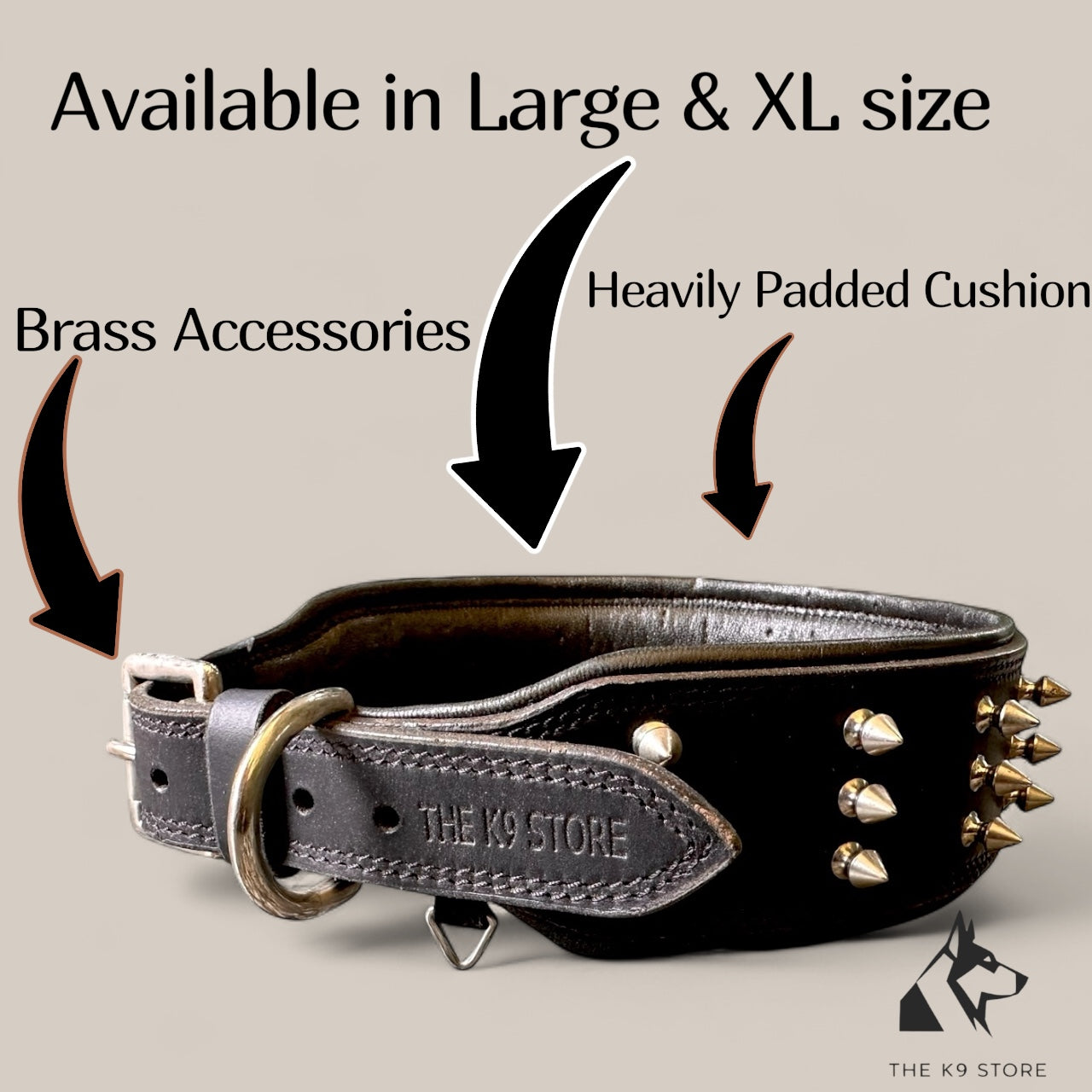 THE K9 STORE Premium Leather Dog Collar with Brass Spikes for Large & XL Dogs | Heavily Padded Cushion | Wide 2.25 Inch Collar for Strong Breeds | Adjustable Neck 18.5–26.5 Inch | Luxury Studded Dog Collar