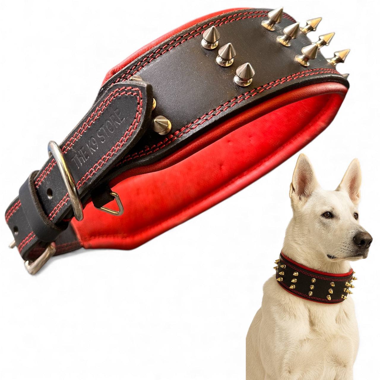 THE K9 STORE Premium Leather Dog Collar with Brass Spikes for Large & XL Dogs | Heavily Padded Cushion | Wide 2.25 Inch Collar for Strong Breeds | Adjustable Neck 18.5–26.5 Inch | Luxury Studded Dog Collar