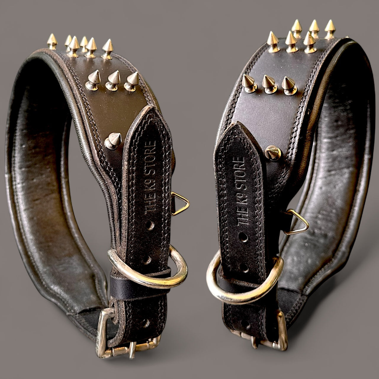 THE K9 STORE Premium Leather Dog Collar with Brass Spikes for Large & XL Dogs | Heavily Padded Cushion | Wide 2.25 Inch Collar for Strong Breeds | Adjustable Neck 18.5–26.5 Inch | Luxury Studded Dog Collar