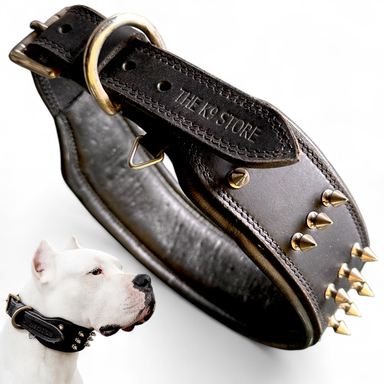 THE K9 STORE Premium Leather Dog Collar with Brass Spikes for Large & XL Dogs | Heavily Padded Cushion | Wide 2.25 Inch Collar for Strong Breeds | Adjustable Neck 18.5–26.5 Inch | Luxury Studded Dog Collar