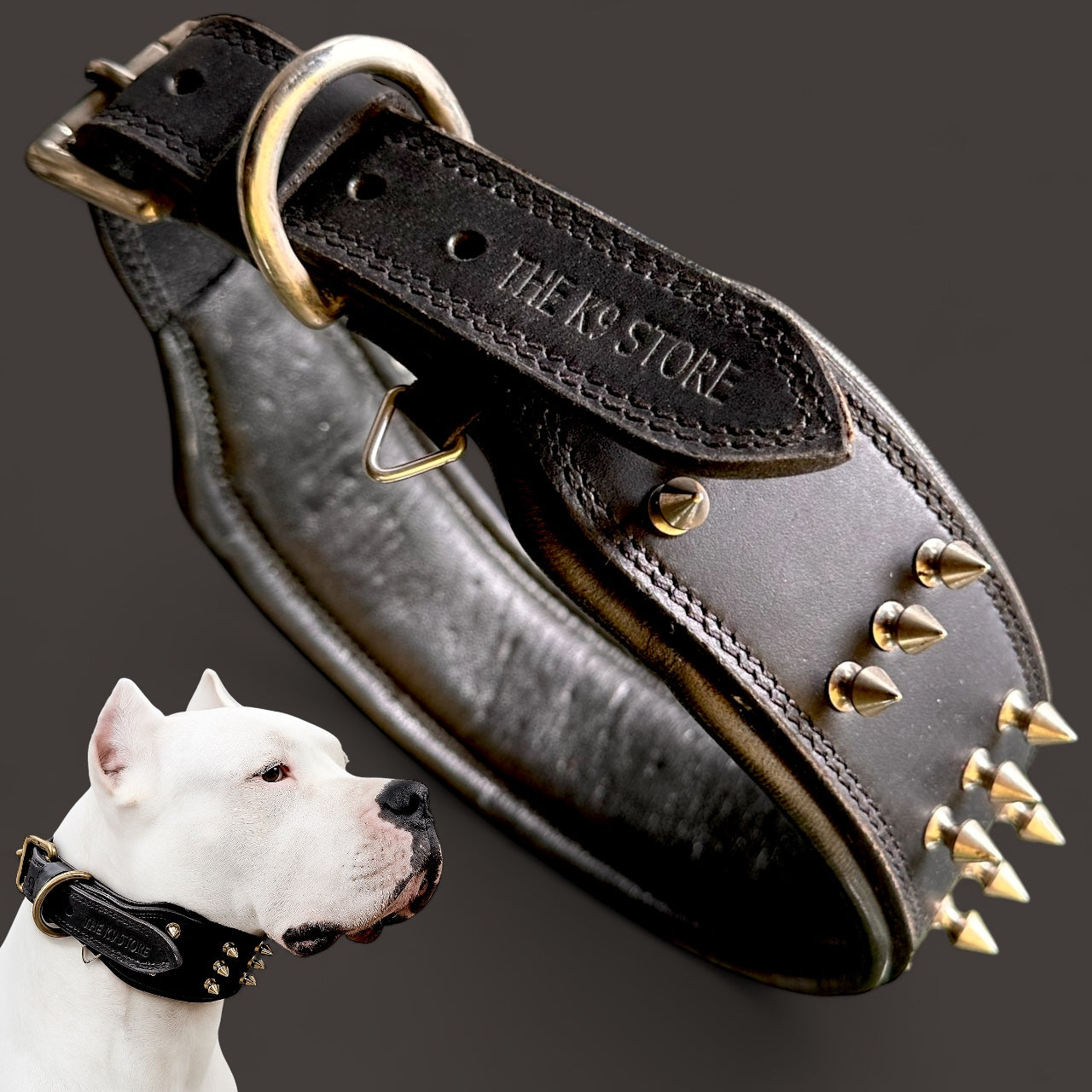THE K9 STORE Premium Leather Dog Collar with Brass Spikes for Large & XL Dogs | Heavily Padded Cushion | Wide 2.25 Inch Collar for Strong Breeds | Adjustable Neck 18.5–26.5 Inch | Luxury Studded Dog Collar