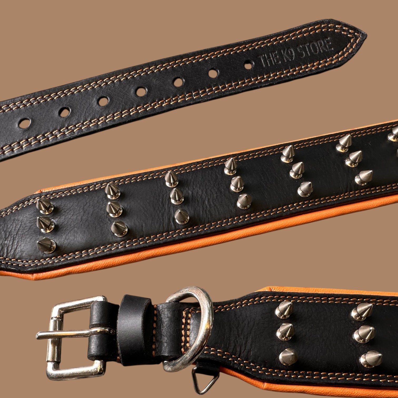 THE K9 STORE Premium Leather Dog Collar with Brass Spikes for Large & XL Dogs | Heavily Padded Cushion | Wide 2.25 Inch Collar for Strong Breeds | Adjustable Neck 18.5–26.5 Inch | Luxury Studded Dog Collar
