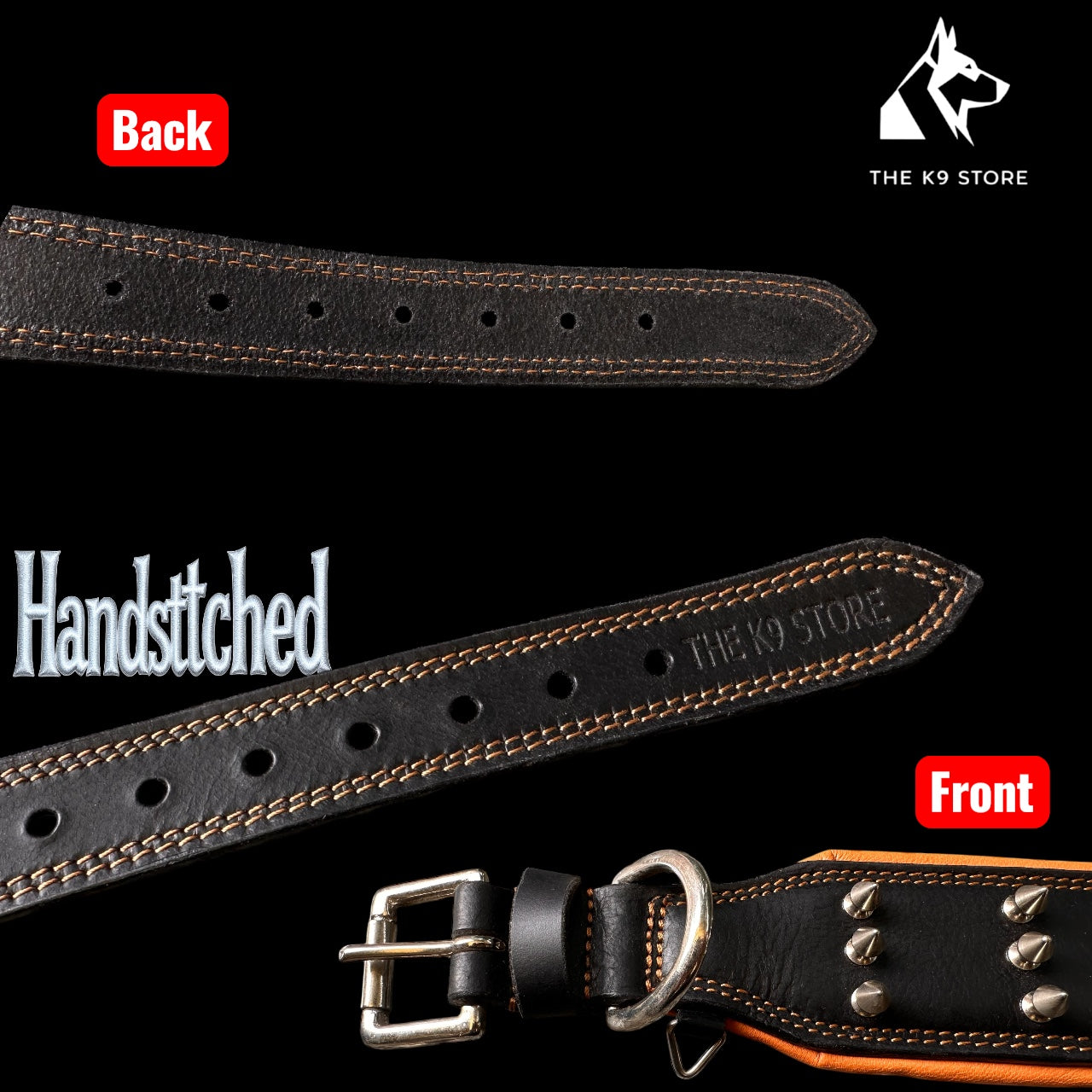 THE K9 STORE Premium Leather Dog Collar with Brass Spikes for Large & XL Dogs | Heavily Padded Cushion | Wide 2.25 Inch Collar for Strong Breeds | Adjustable Neck 18.5–26.5 Inch | Luxury Studded Dog Collar