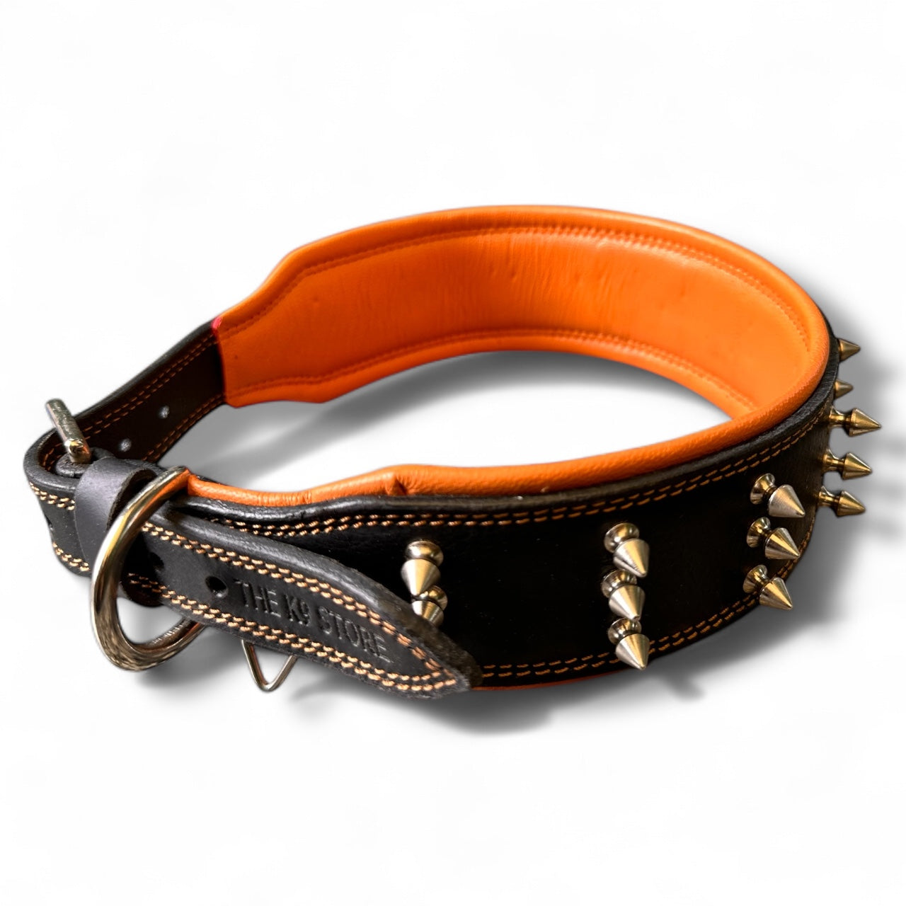 THE K9 STORE Premium Leather Dog Collar with Brass Spikes for Large & XL Dogs | Heavily Padded Cushion | Wide 2.25 Inch Collar for Strong Breeds | Adjustable Neck 18.5–26.5 Inch | Luxury Studded Dog Collar