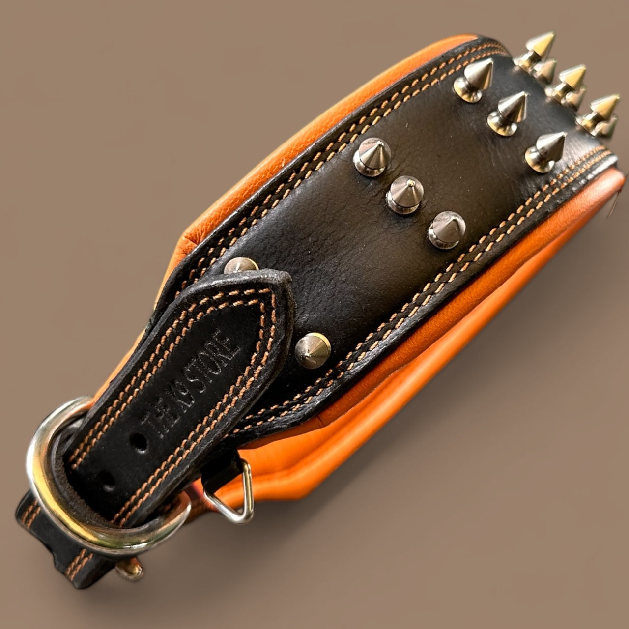 THE K9 STORE Premium Leather Dog Collar with Brass Spikes for Large & XL Dogs | Heavily Padded Cushion | Wide 2.25 Inch Collar for Strong Breeds | Adjustable Neck 18.5–26.5 Inch | Luxury Studded Dog Collar