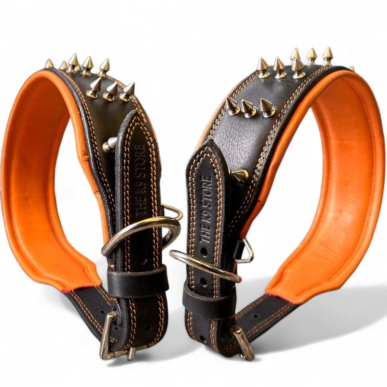 THE K9 STORE Premium Leather Dog Collar with Brass Spikes for Large & XL Dogs | Heavily Padded Cushion | Wide 2.25 Inch Collar for Strong Breeds | Adjustable Neck 18.5–26.5 Inch | Luxury Studded Dog Collar