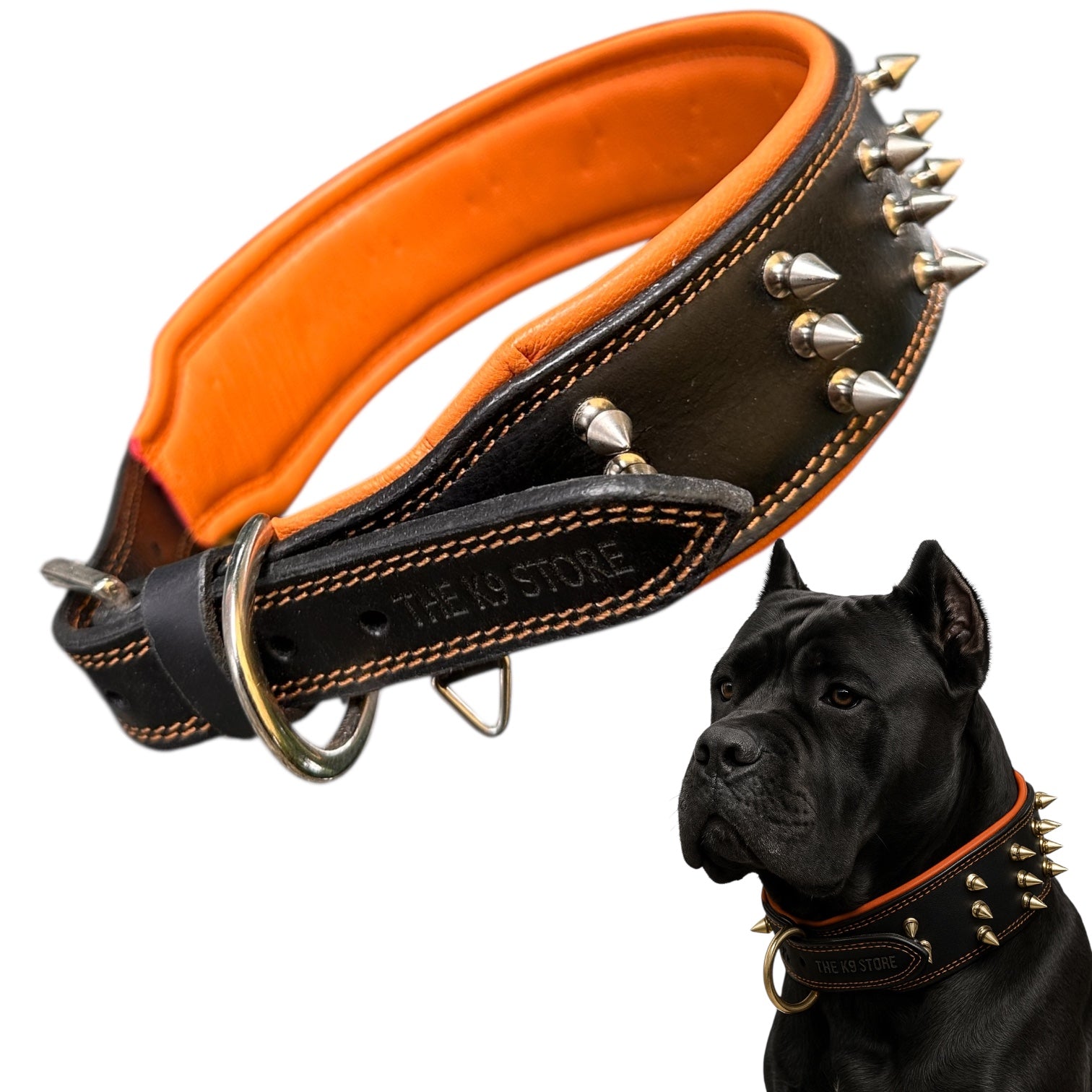 THE K9 STORE Premium Leather Dog Collar with Brass Spikes for Large & XL Dogs | Heavily Padded Cushion | Wide 2.25 Inch Collar for Strong Breeds | Adjustable Neck 18.5–26.5 Inch | Luxury Studded Dog Collar