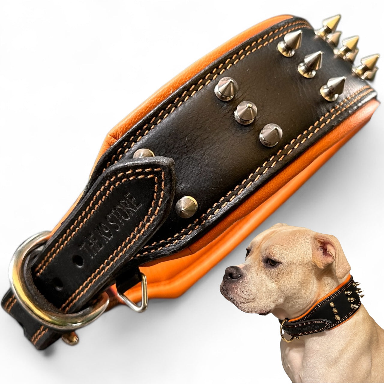 THE K9 STORE Premium Leather Dog Collar with Brass Spikes for Large & XL Dogs | Heavily Padded Cushion | Wide 2.25 Inch Collar for Strong Breeds | Adjustable Neck 18.5–26.5 Inch | Luxury Studded Dog Collar