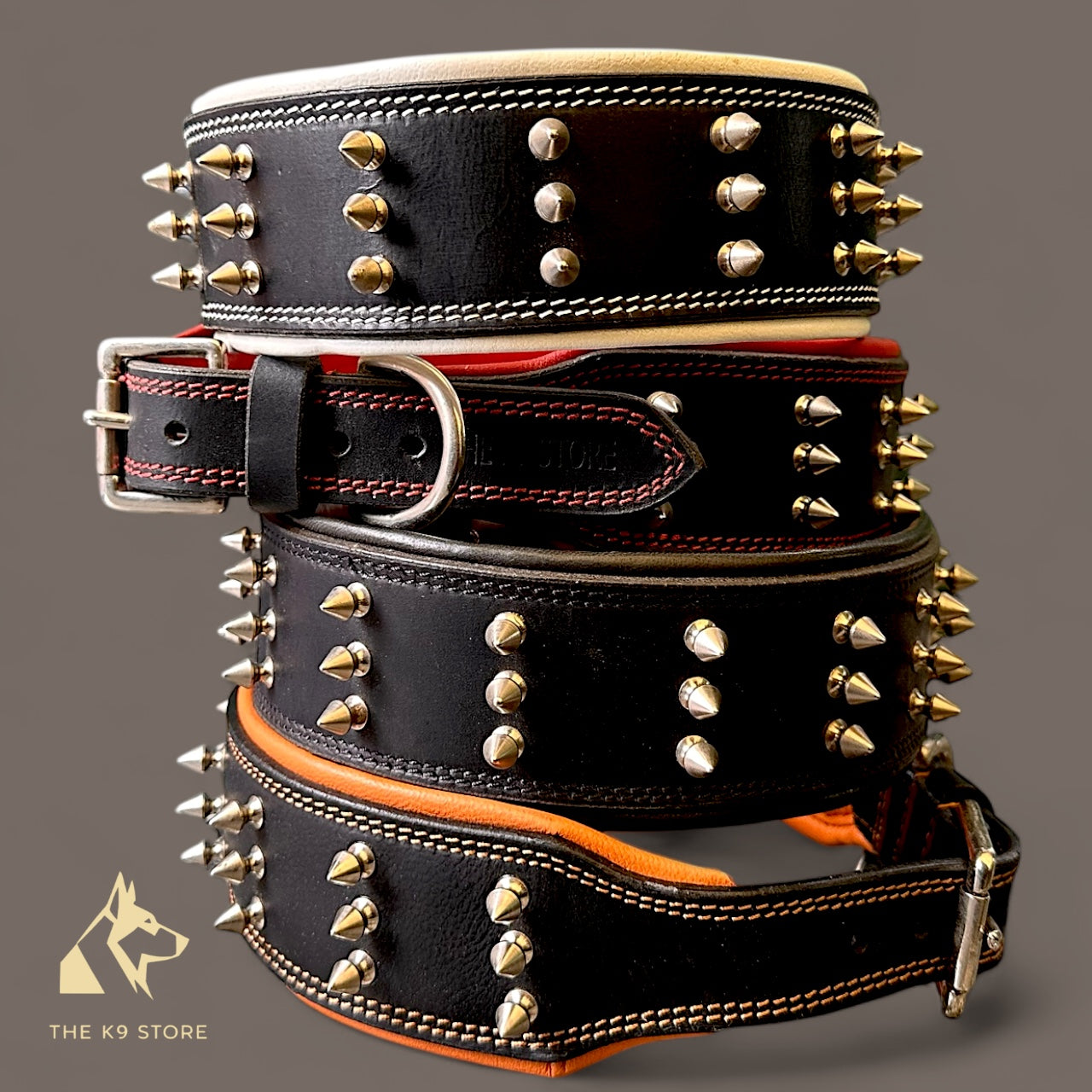 THE K9 STORE Premium Leather Dog Collar with Brass Spikes for Large & XL Dogs | Heavily Padded Cushion | Wide 2.25 Inch Collar for Strong Breeds | Adjustable Neck 18.5–26.5 Inch | Luxury Studded Dog Collar