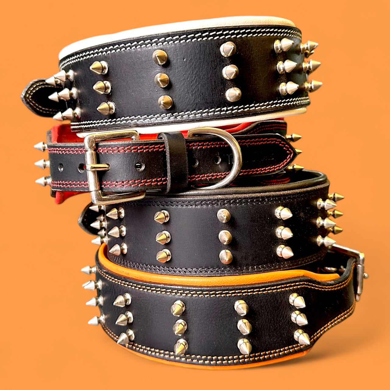 THE K9 STORE Premium Leather Dog Collar with Brass Spikes for Large & XL Dogs | Heavily Padded Cushion | Wide 2.25 Inch Collar for Strong Breeds | Adjustable Neck 18.5–26.5 Inch | Luxury Studded Dog Collar