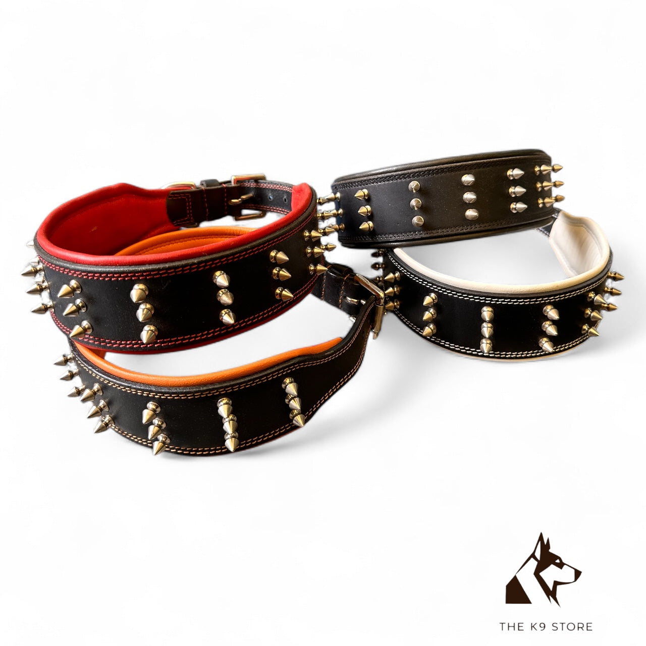 THE K9 STORE Premium Leather Dog Collar with Brass Spikes for Large & XL Dogs | Heavily Padded Cushion | Wide 2.25 Inch Collar for Strong Breeds | Adjustable Neck 18.5–26.5 Inch | Luxury Studded Dog Collar