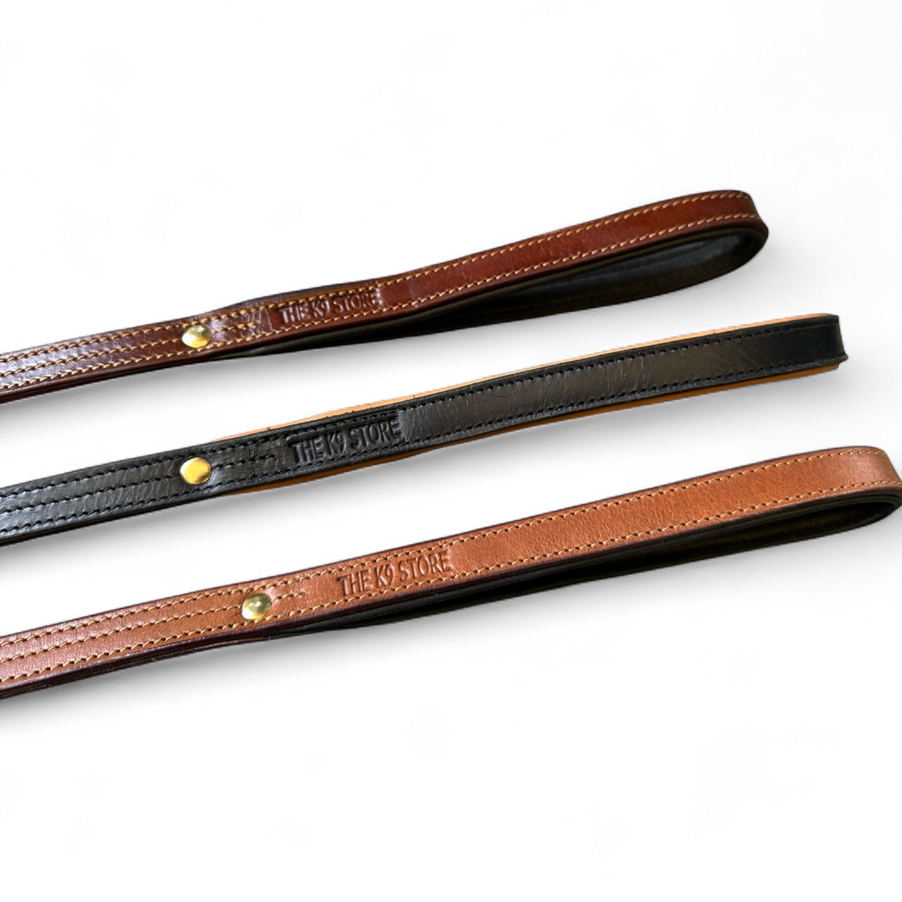 THE K9 STORE Premium 100% Genuine Leather Short Handle for Dogs | Handcrafted 17 Inch Training Leash with Brass Hook | Cushioned Grip | Heavy Duty | 3-Stitched & Hand-Entangled Designs | Tan, Black, Chocolate