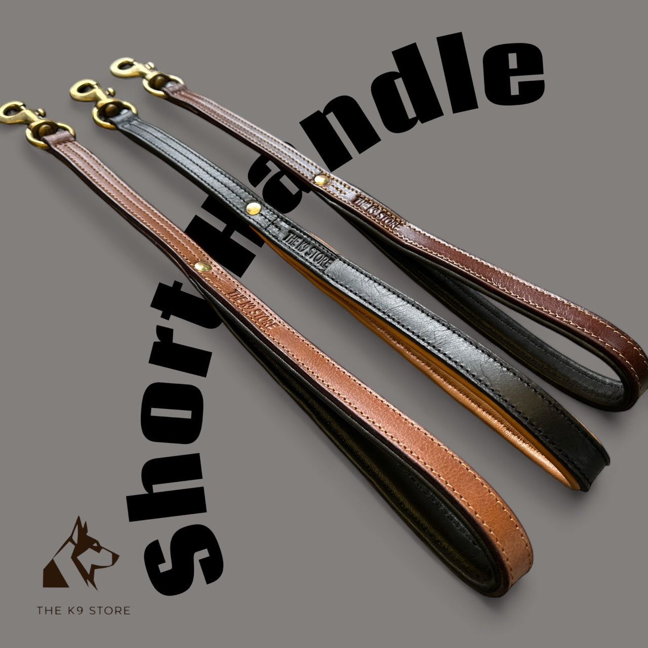 THE K9 STORE Premium 100% Genuine Leather Short Handle for Dogs | Handcrafted 17 Inch Training Leash with Brass Hook | Cushioned Grip | Heavy Duty | 3-Stitched & Hand-Entangled Designs | Tan, Black, Chocolate
