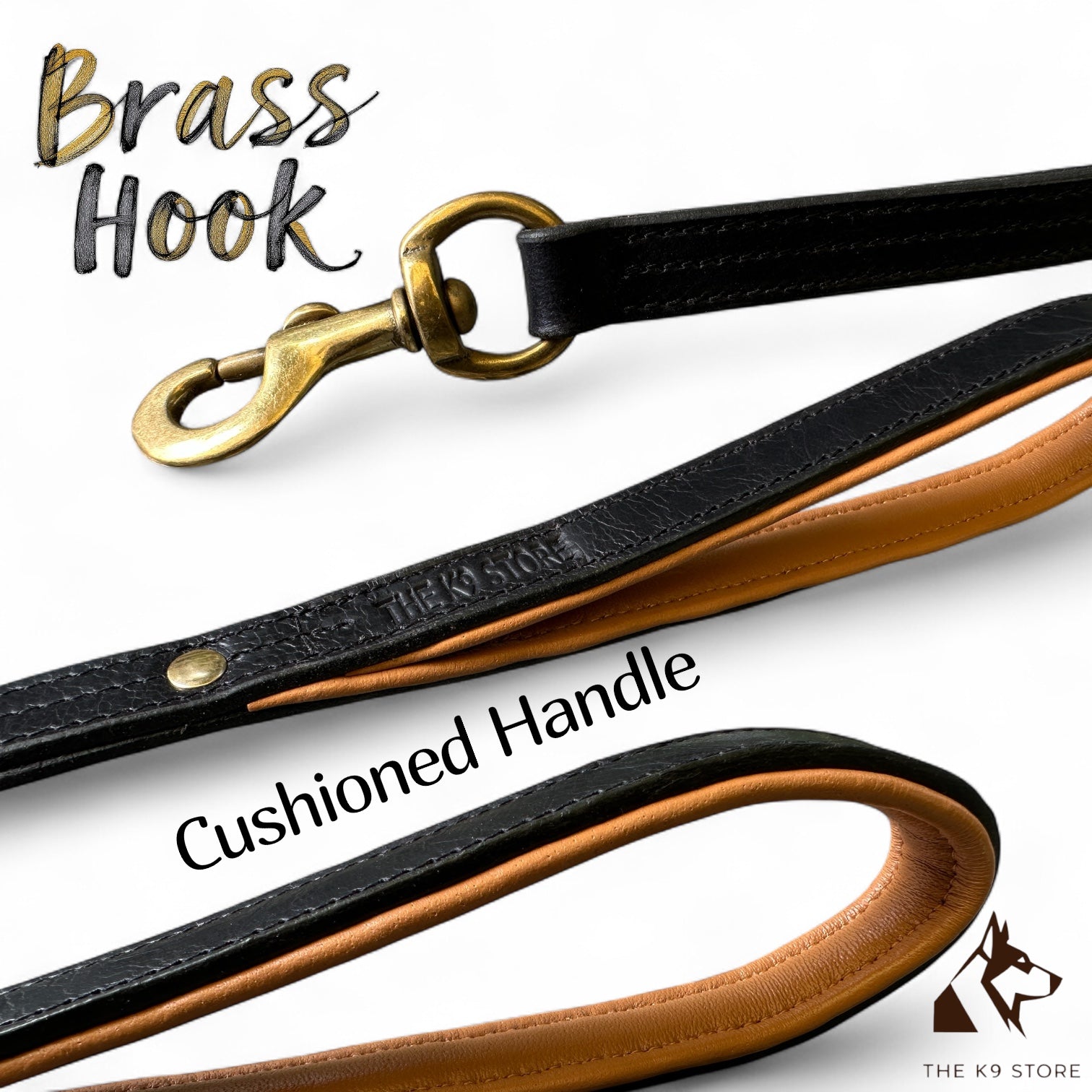 THE K9 STORE Premium 100% Genuine Leather Short Handle for Dogs | Handcrafted 17 Inch Training Leash with Brass Hook | Cushioned Grip | Heavy Duty | 3-Stitched & Hand-Entangled Designs | Tan, Black, Chocolate