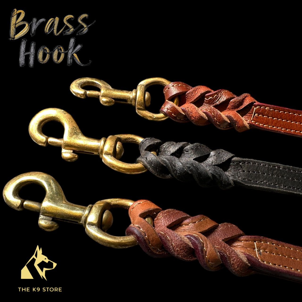 THE K9 STORE Premium 100% Genuine Leather Short Handle for Dogs | Handcrafted 17 Inch Training Leash with Brass Hook | Cushioned Grip | Heavy Duty | 3-Stitched & Hand-Entangled Designs | Tan, Black, Chocolate